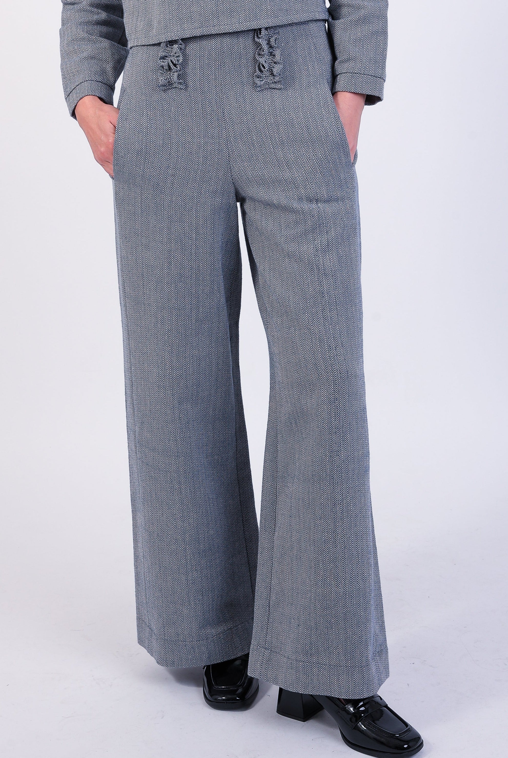 blue grey Herringbone Cotton Ruffle high waisted trouser