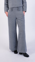 blue grey Herringbone Cotton Ruffle high waisted trouser