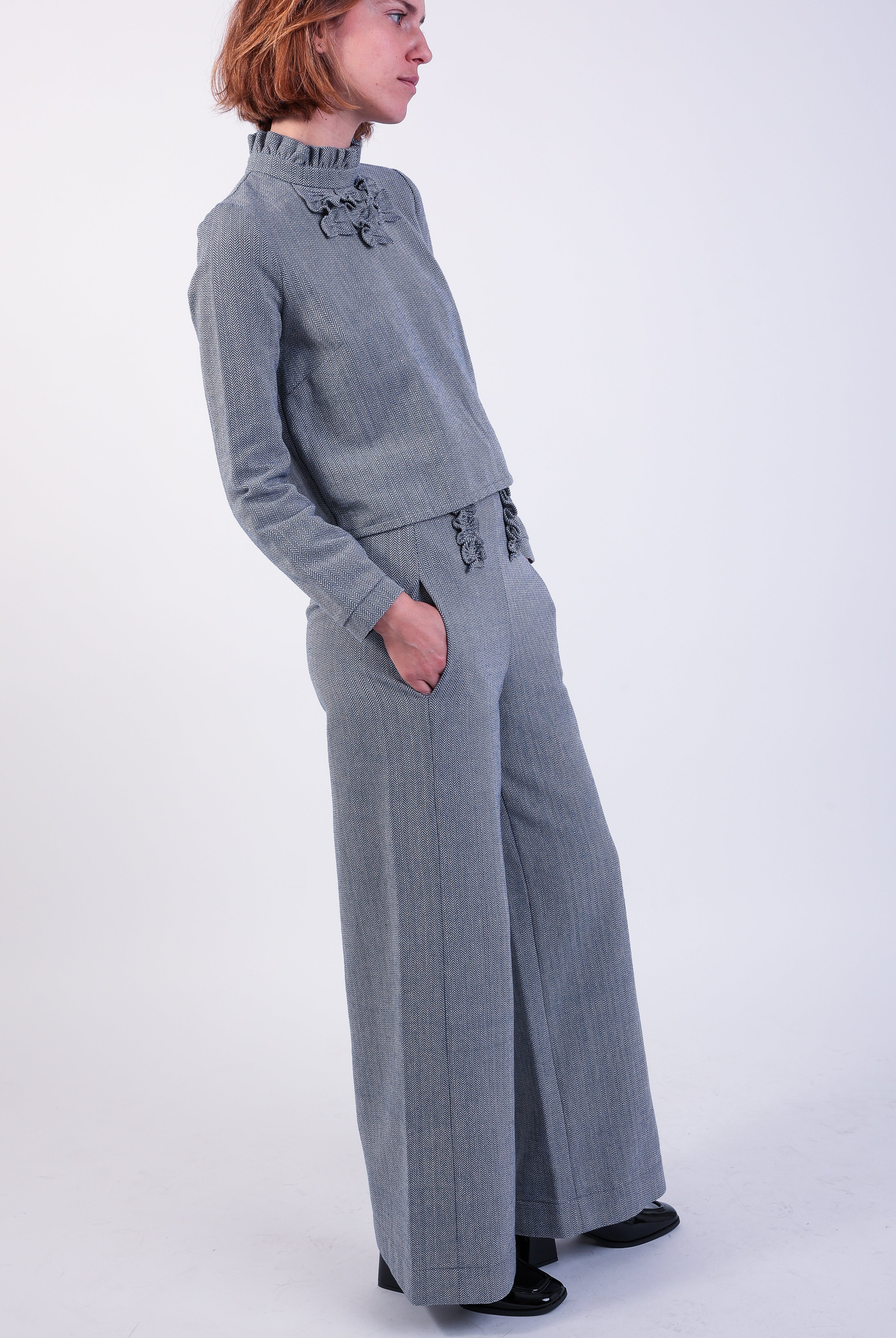 blue grey Herringbone Cotton Ruffle high waisted trouser