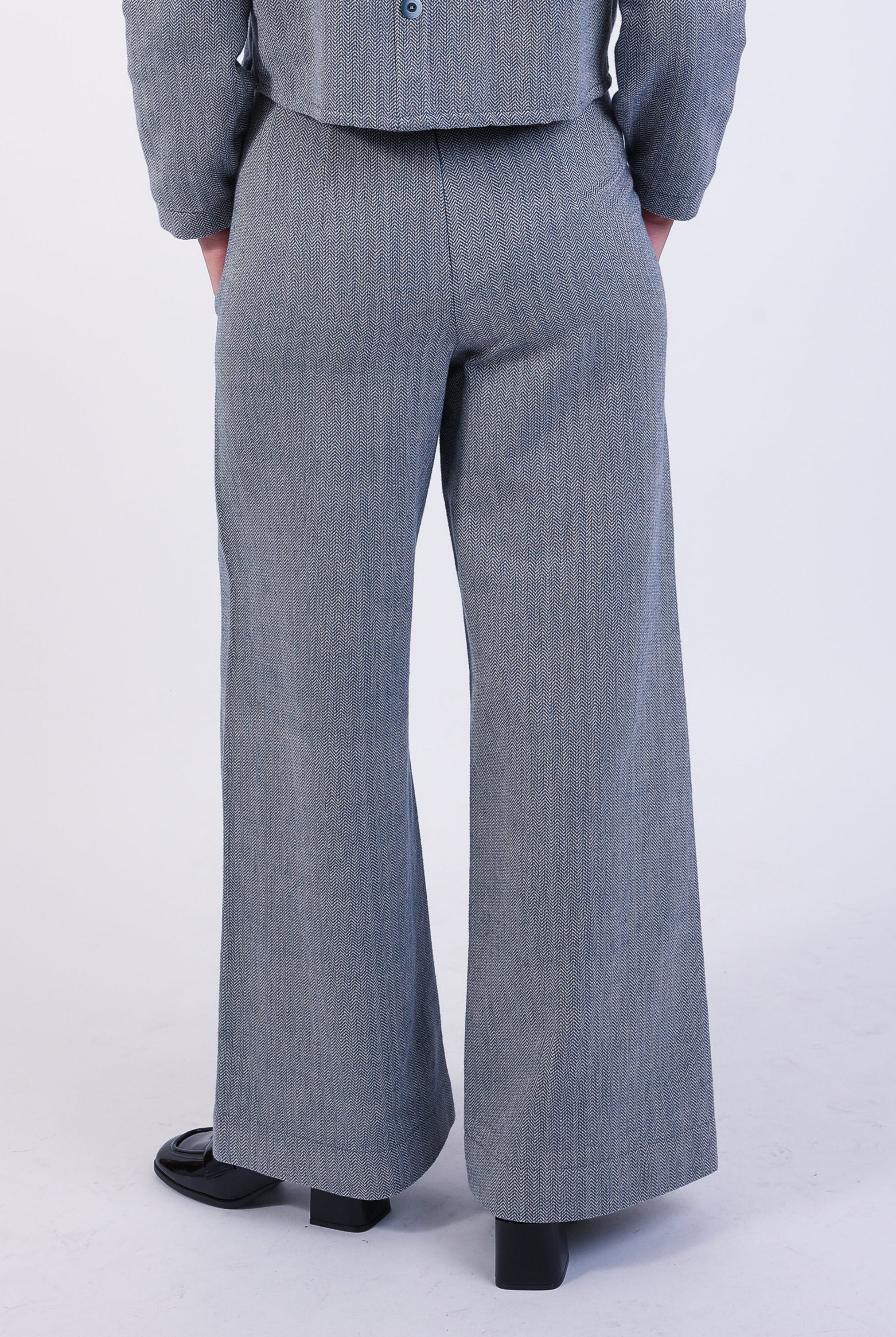 blue grey Herringbone Cotton Ruffle high waisted trouser