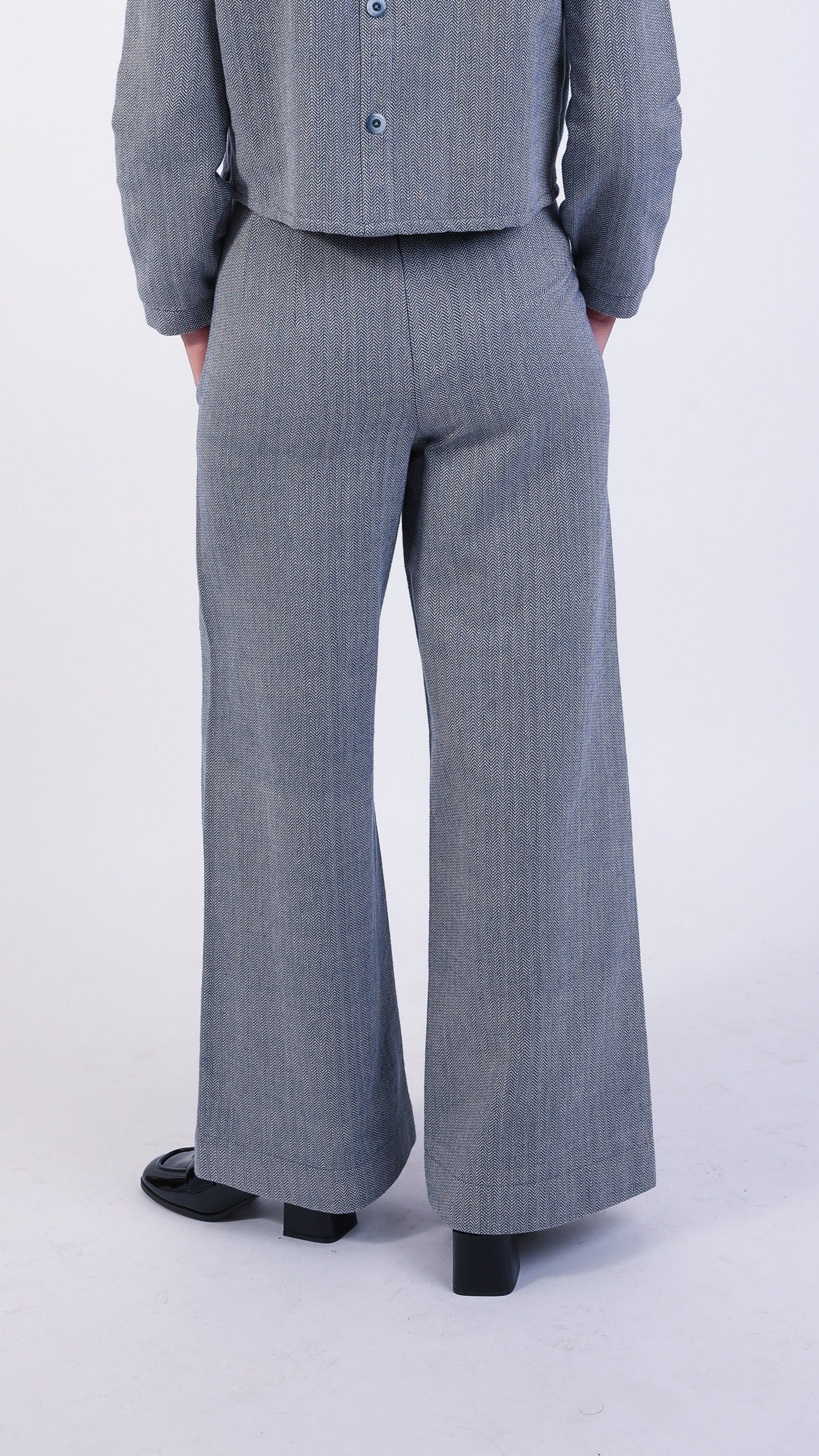 blue grey Herringbone Cotton Ruffle high waisted trouser