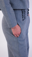 blue grey Herringbone Cotton Ruffle high waisted trouser