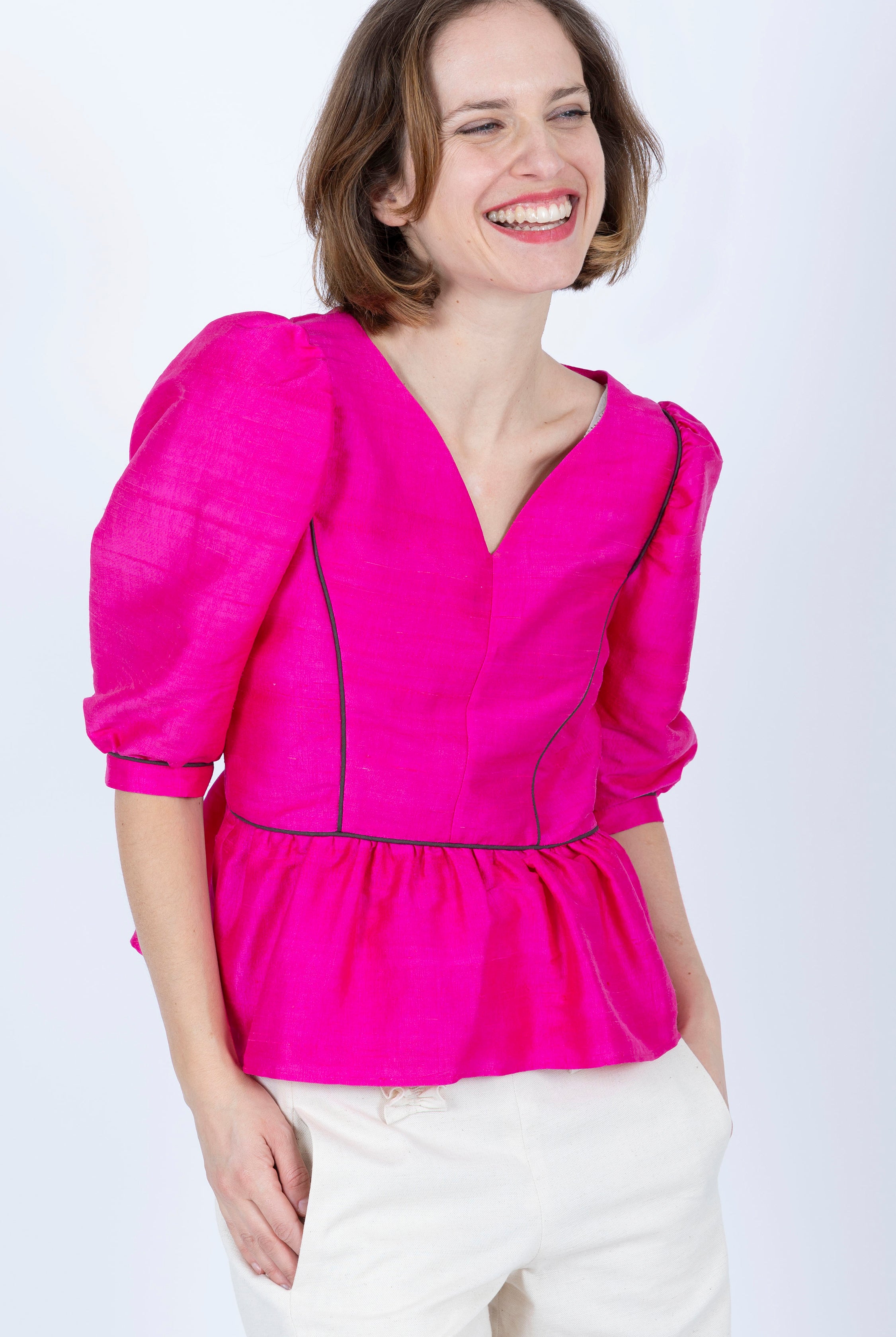 silk Fuchsia Peplum top brown piping