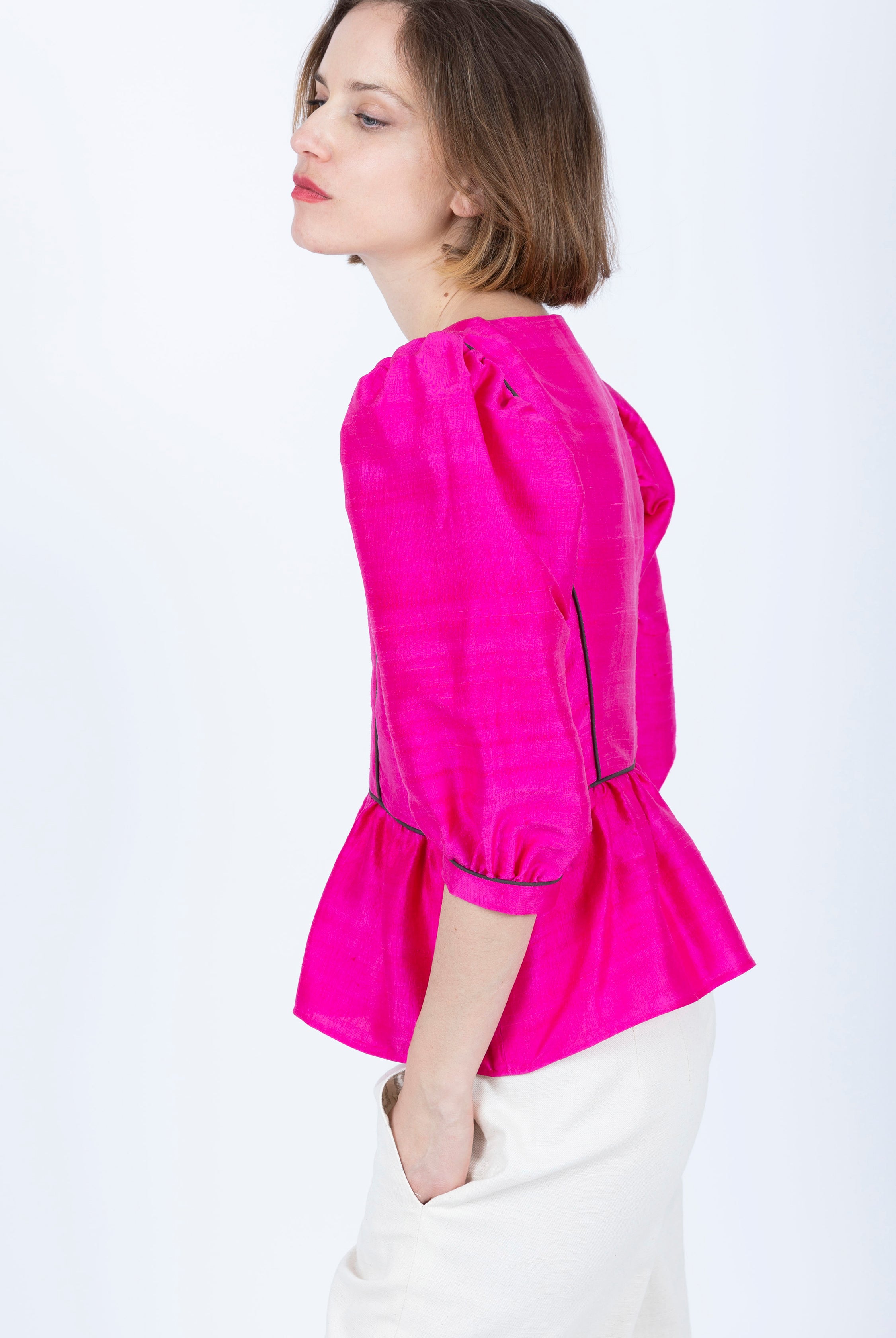 silk Fuchsia Peplum top brown piping
