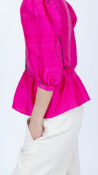 silk Fuchsia Peplum top brown piping