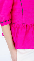 silk Fuchsia Peplum top brown piping