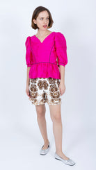 silk Fuchsia Peplum top brown piping