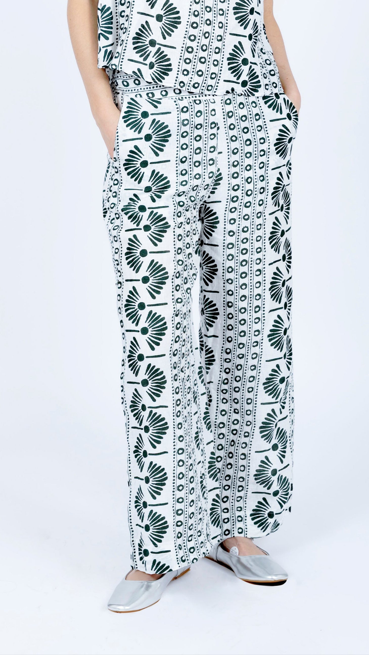Geometric Floral green white Print Linen Pants