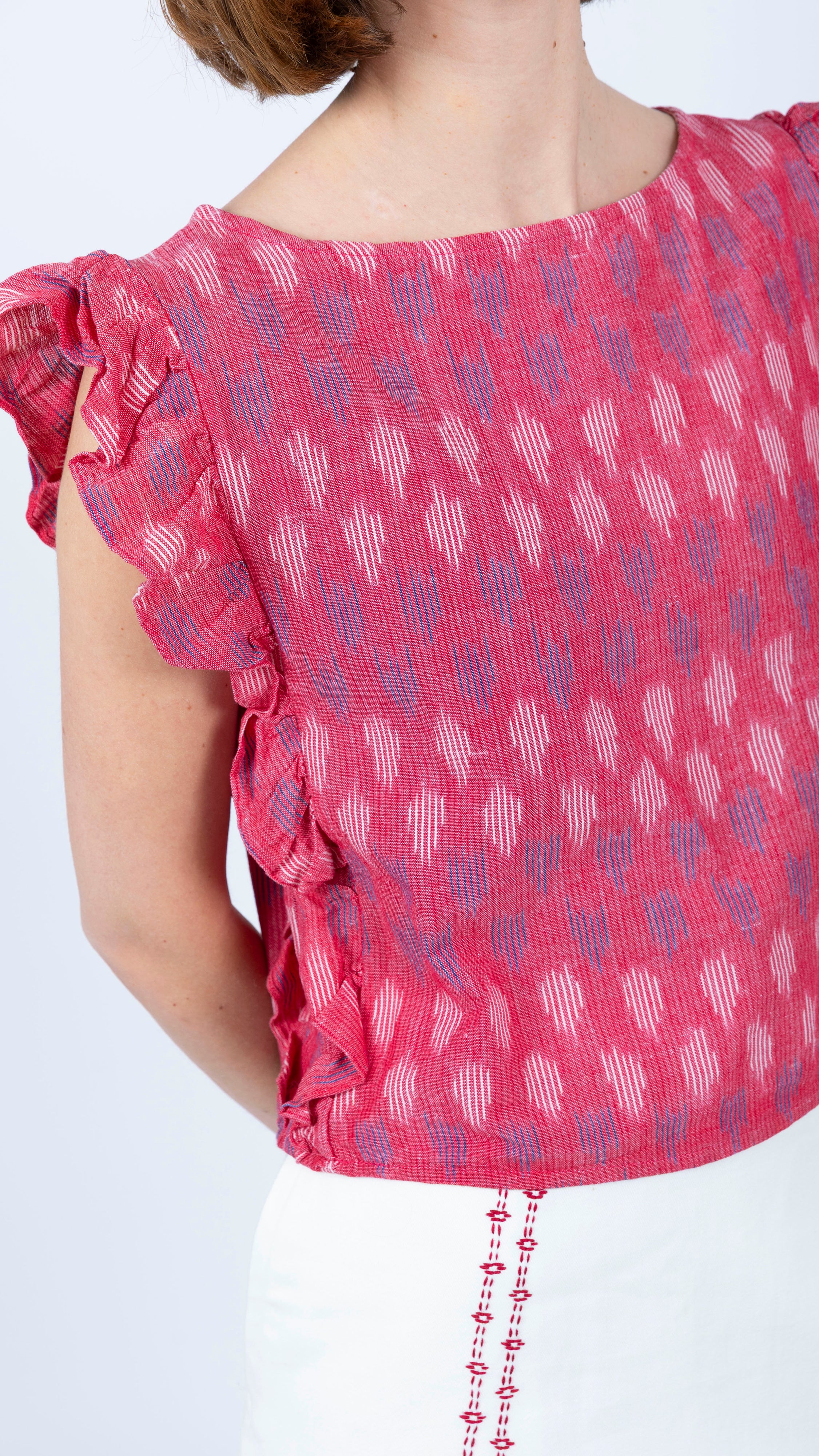cotton red white blue Ikat Ruffle Top