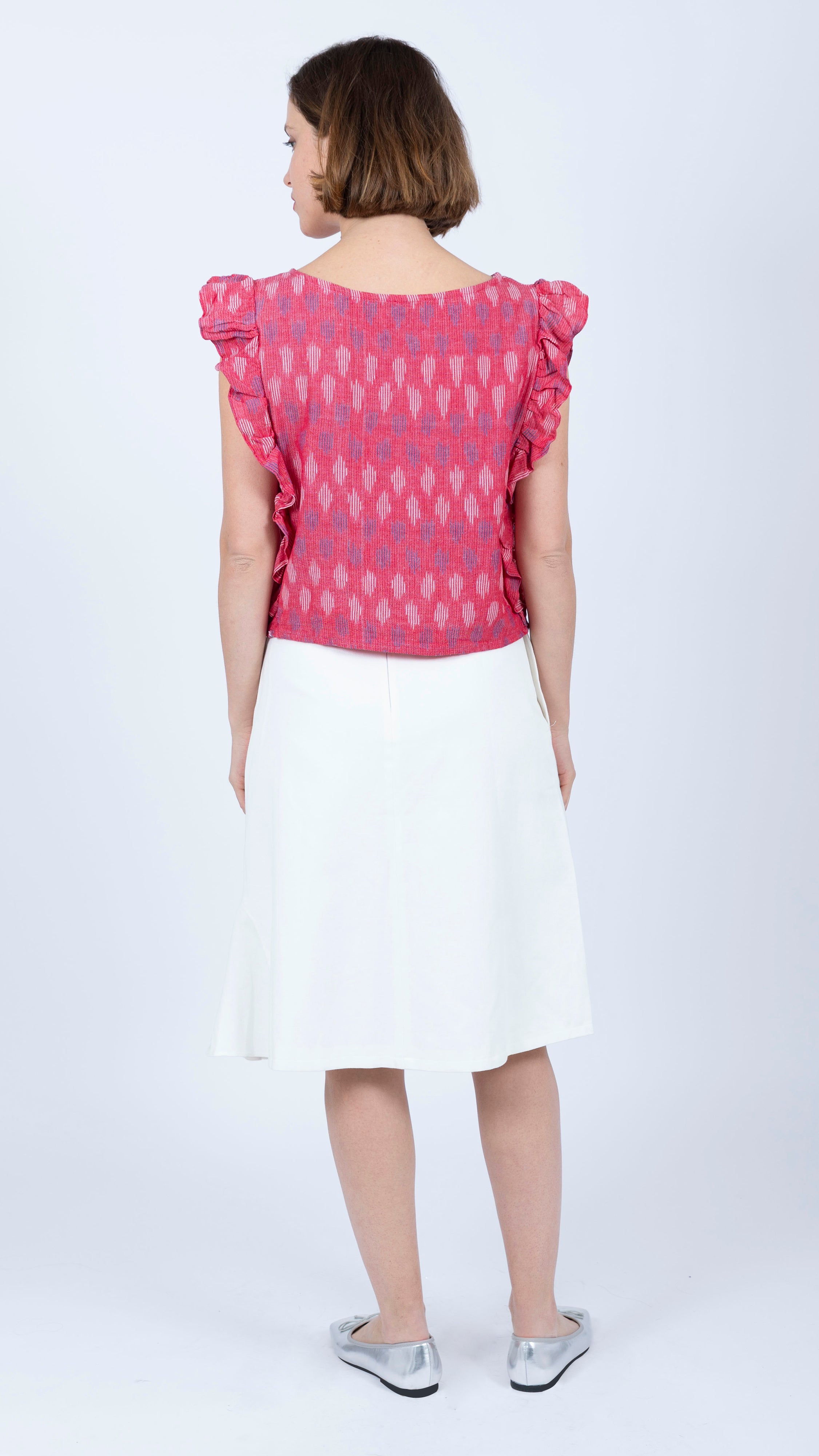 cotton red white blue Ikat Ruffle Top