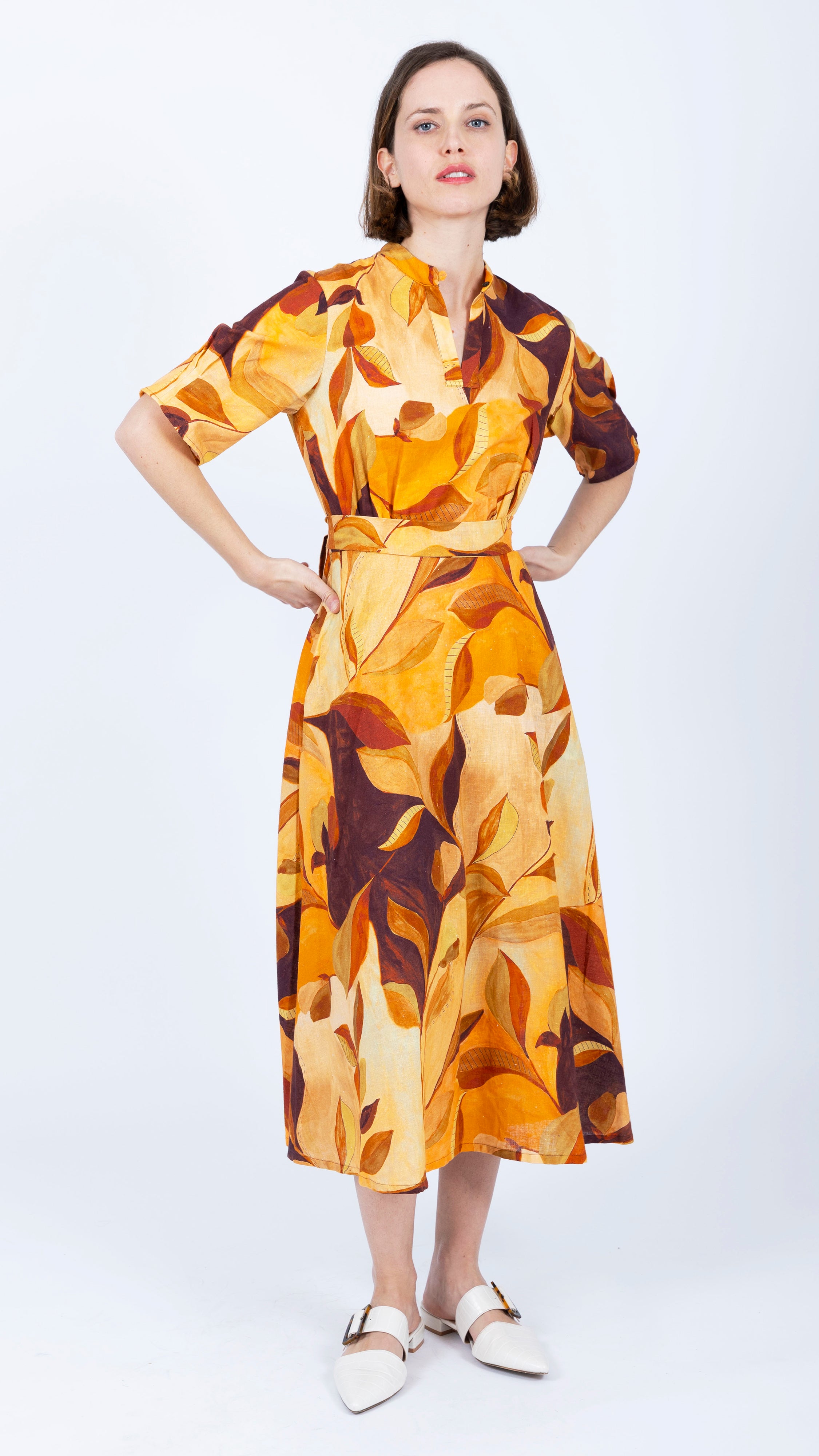 mustard brown midi linen dress