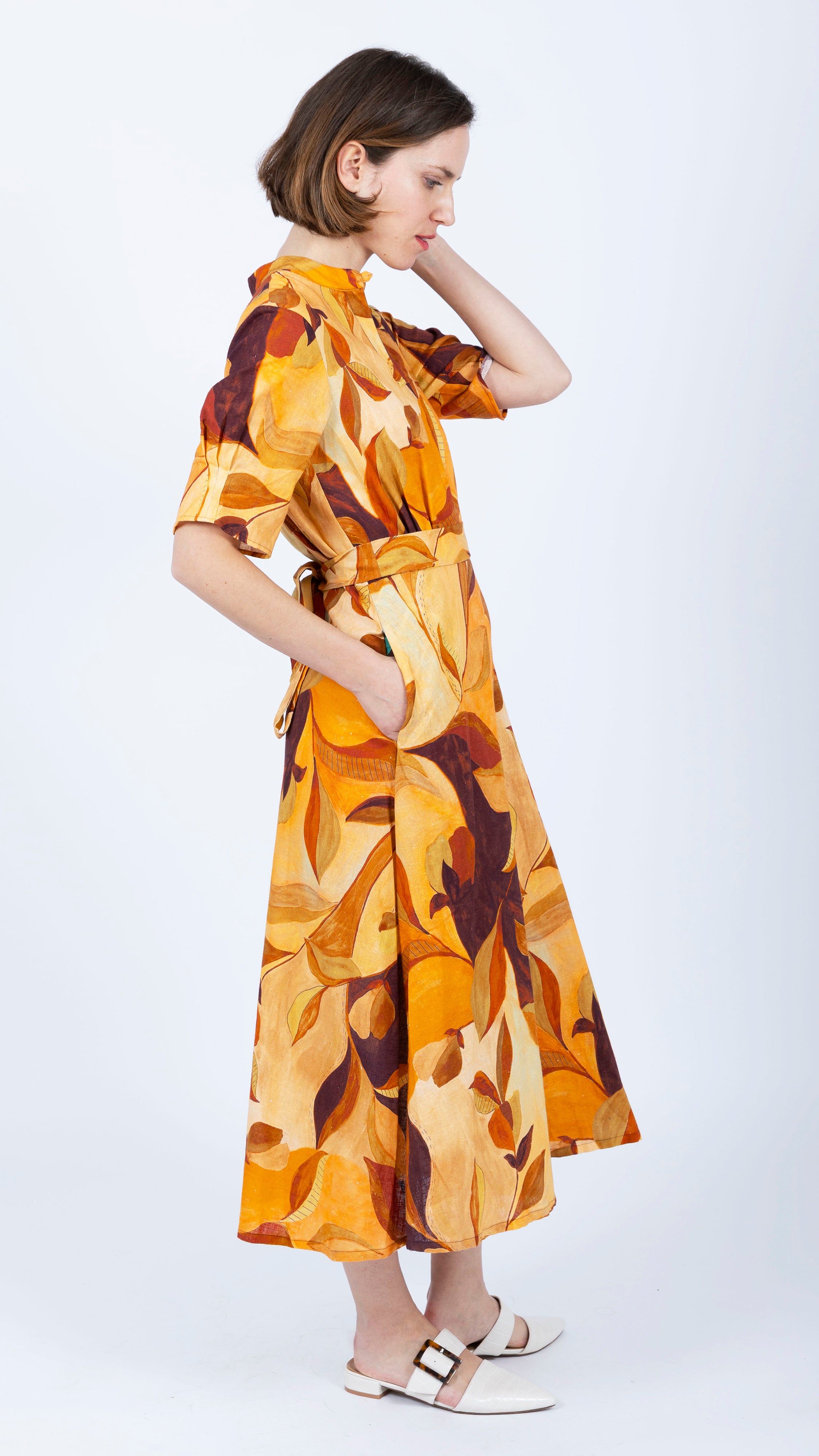 mustard brown midi linen dress