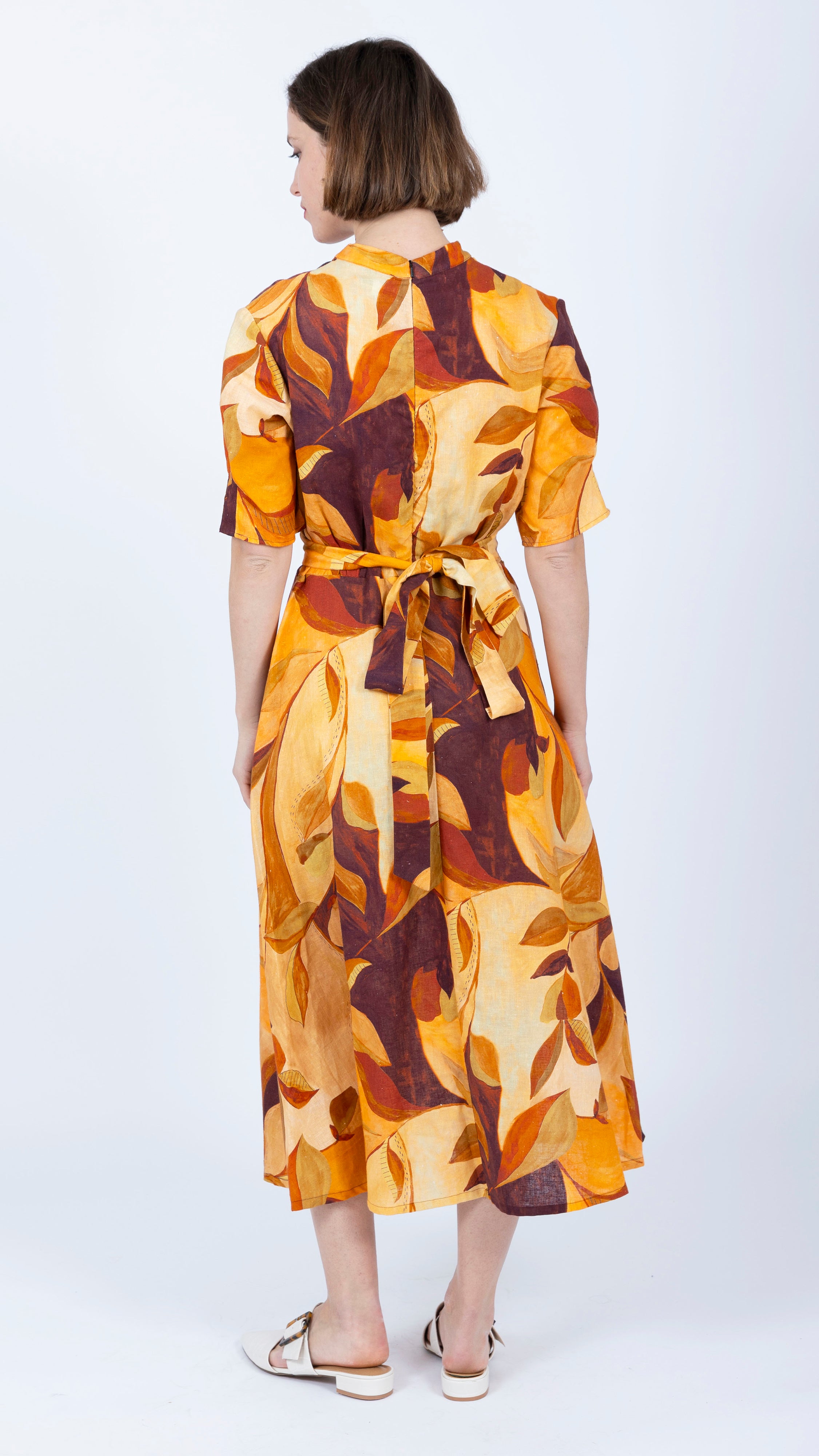 mustard brown midi linen dress