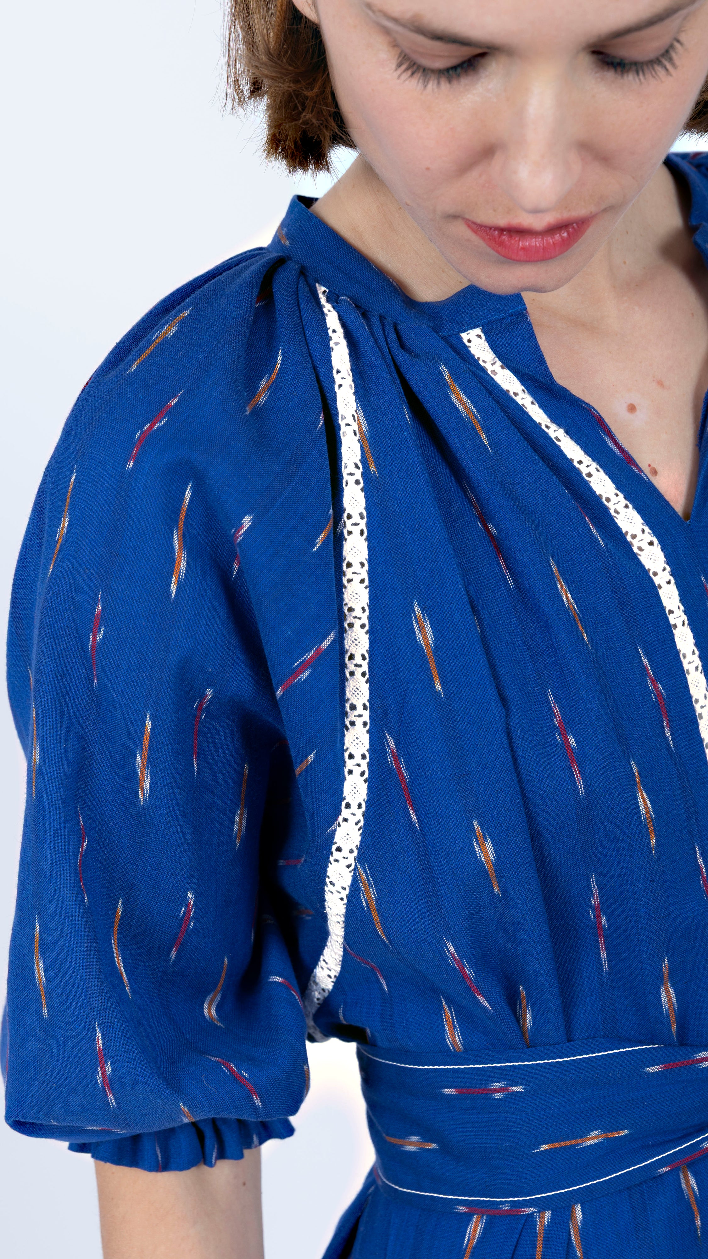 blue white Kaftan Cotton Midi Dress tie waist crochet lace