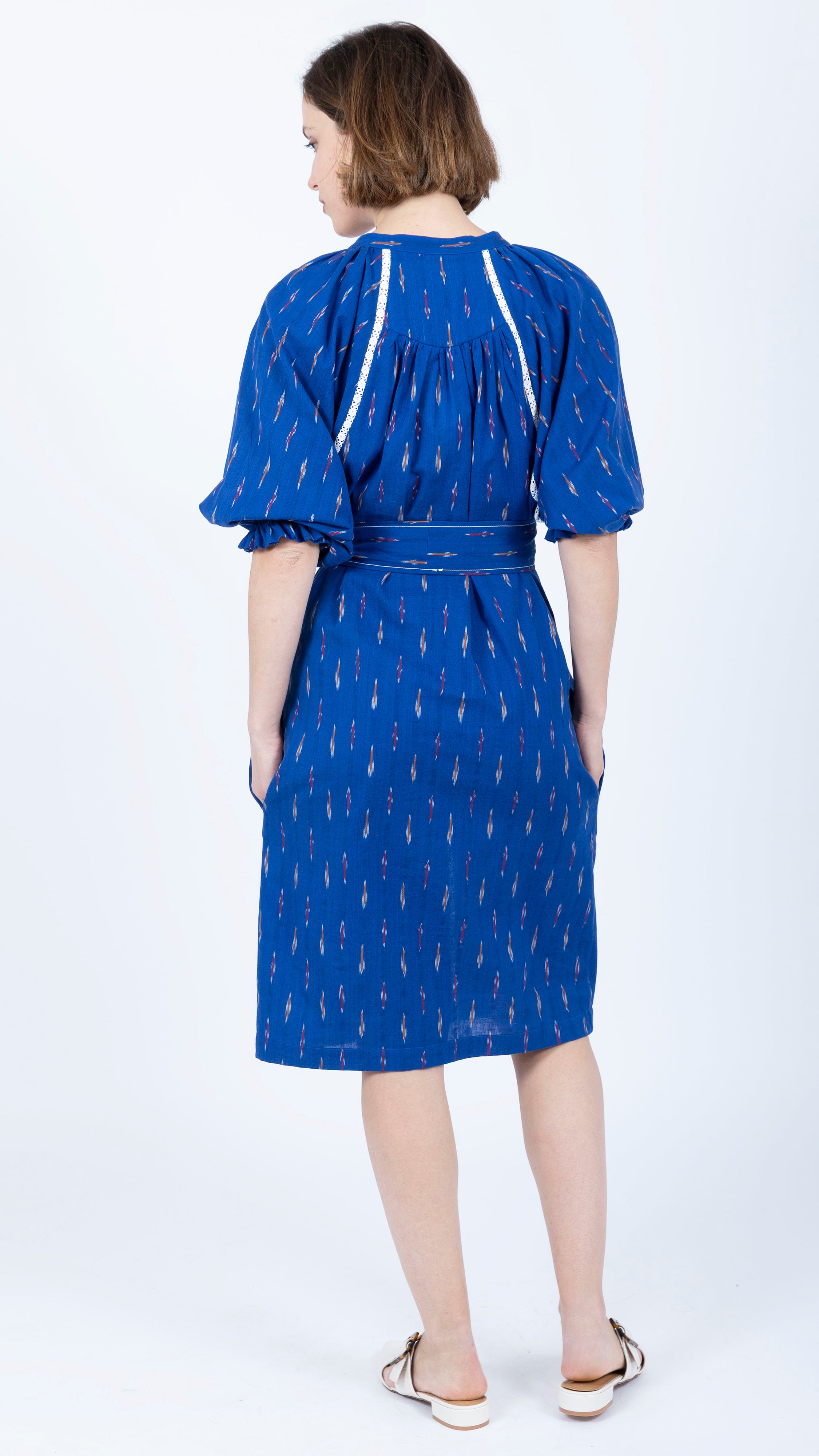 blue white Kaftan Cotton Midi Dress tie waist crochet lace