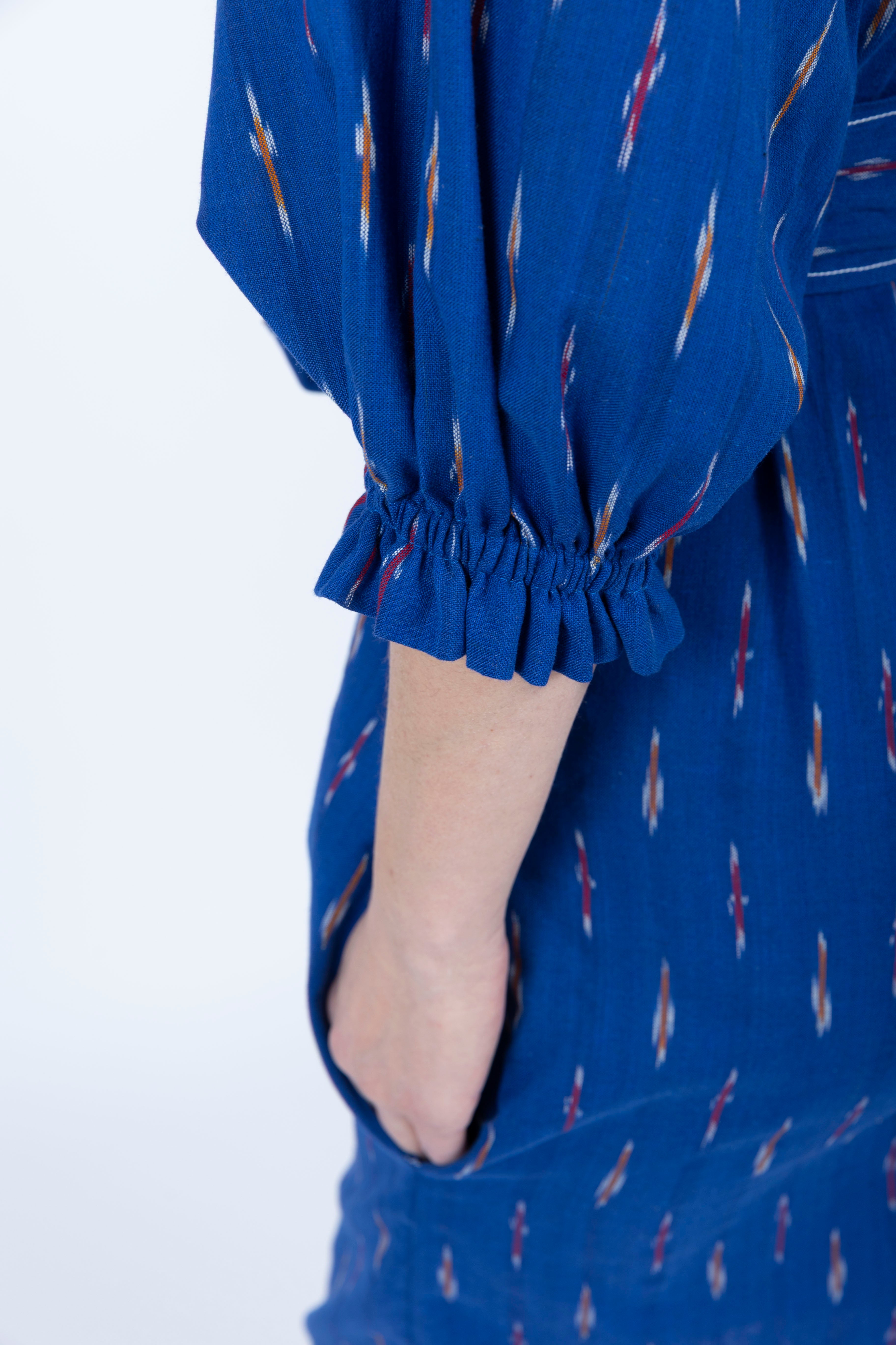 blue white Kaftan Cotton Midi Dress tie waist crochet lace