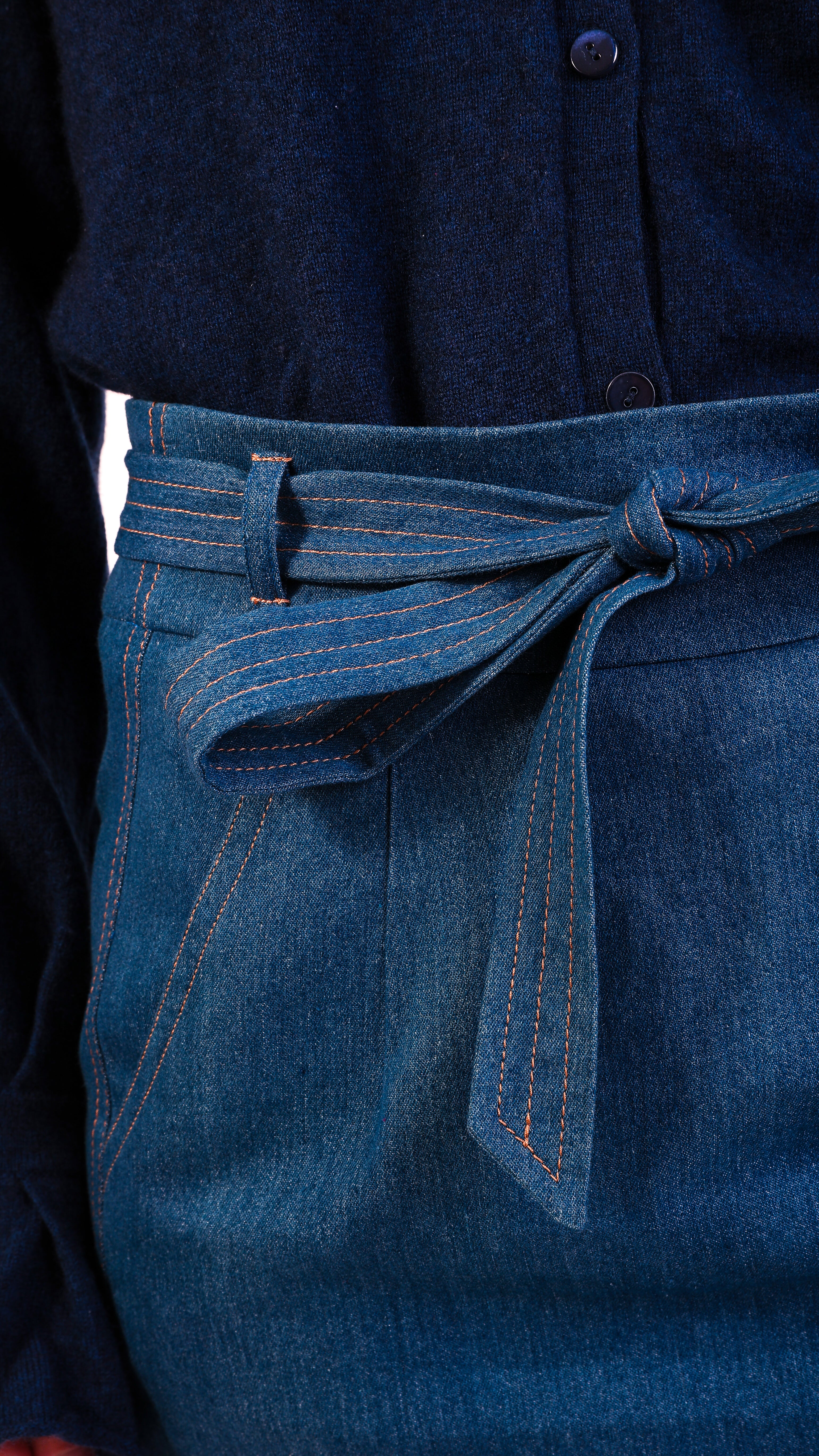 Denim Stretch Skirt tie waist ruffled pocket