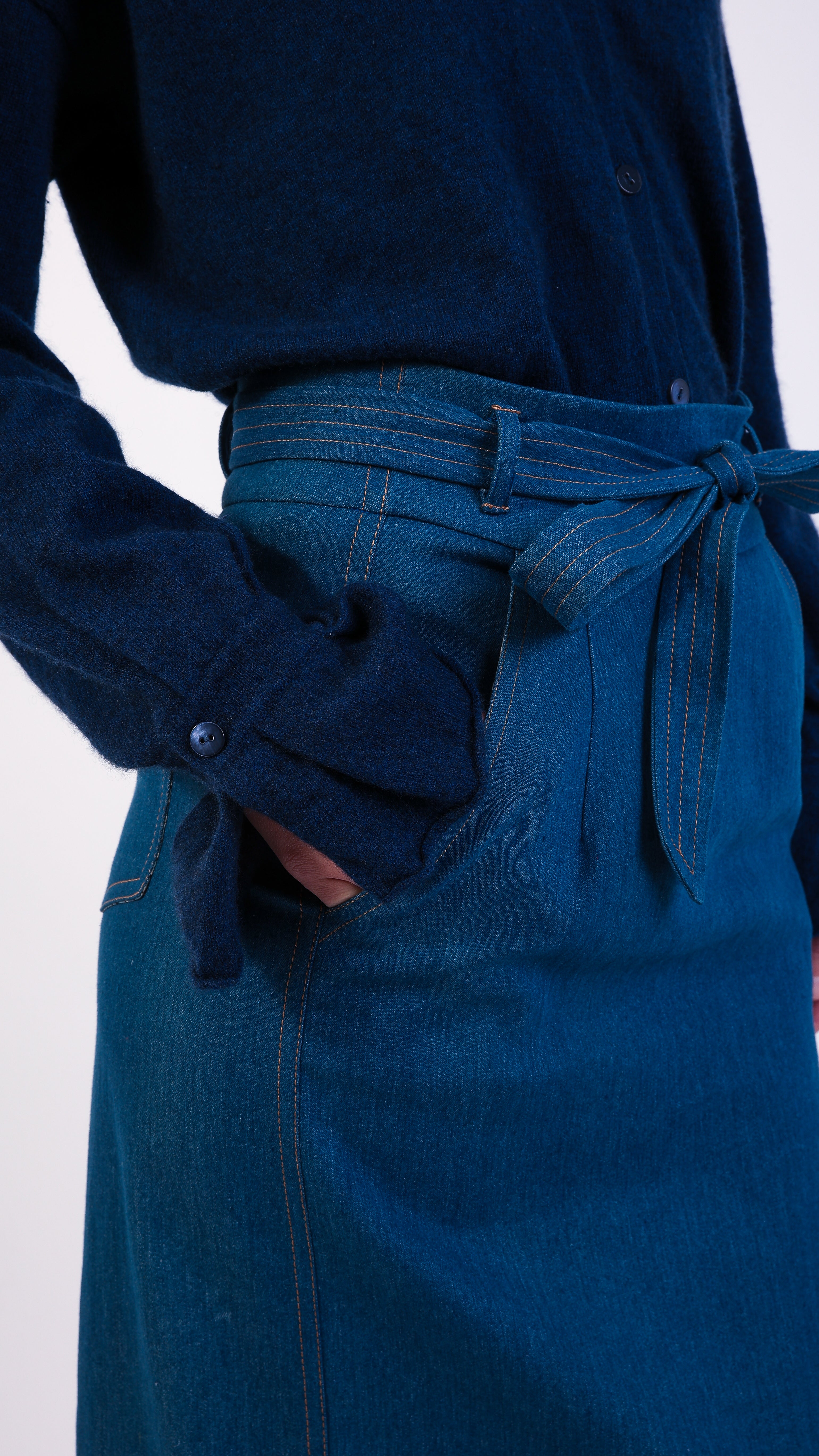 Denim Stretch Skirt tie waist ruffled pocket