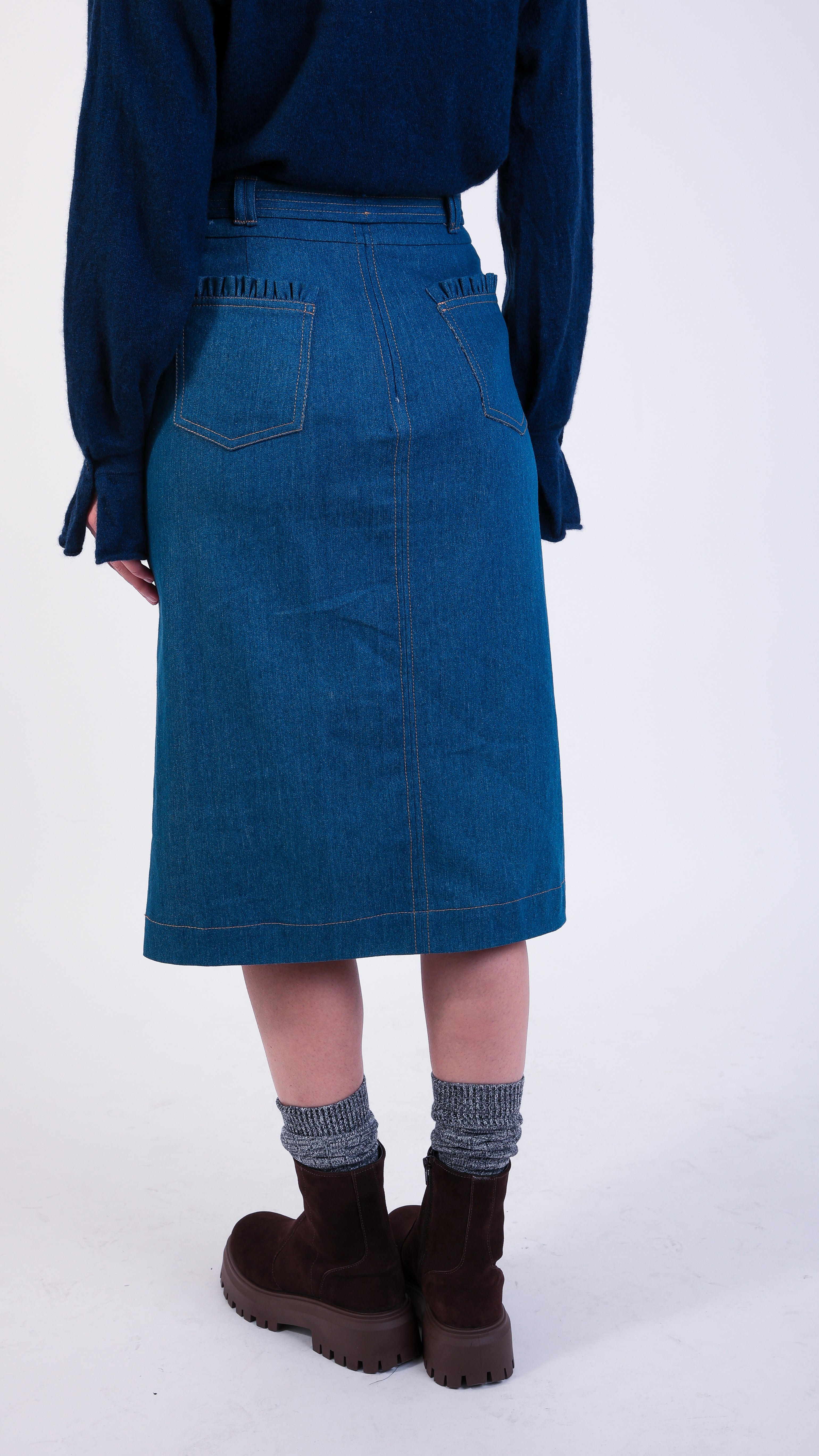 Denim Stretch Skirt tie waist ruffled pocket