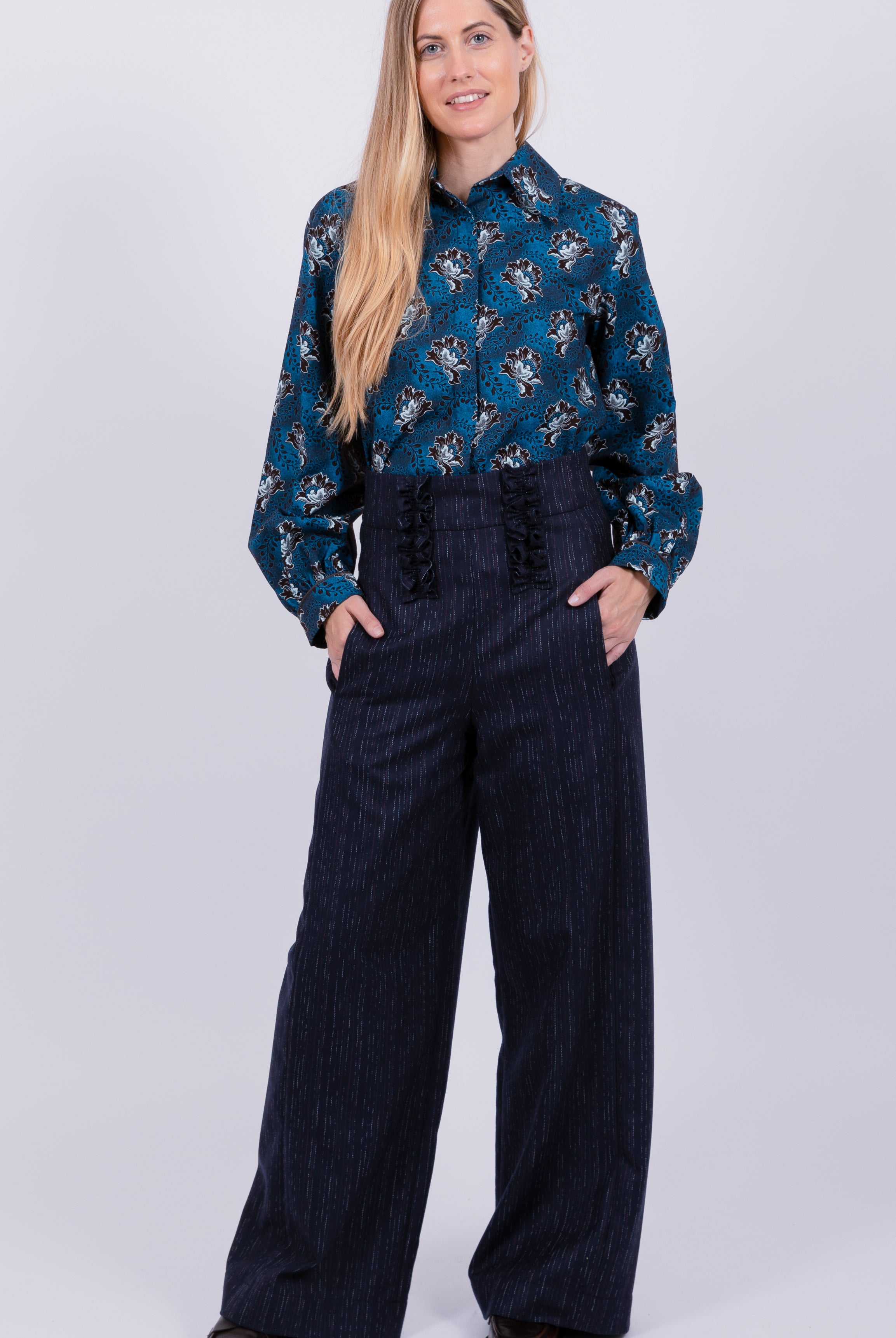 Wool high waisted ruffle trouser Navy White Red Stripes