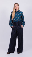 Wool high waisted ruffle trouser Navy White Red Stripes