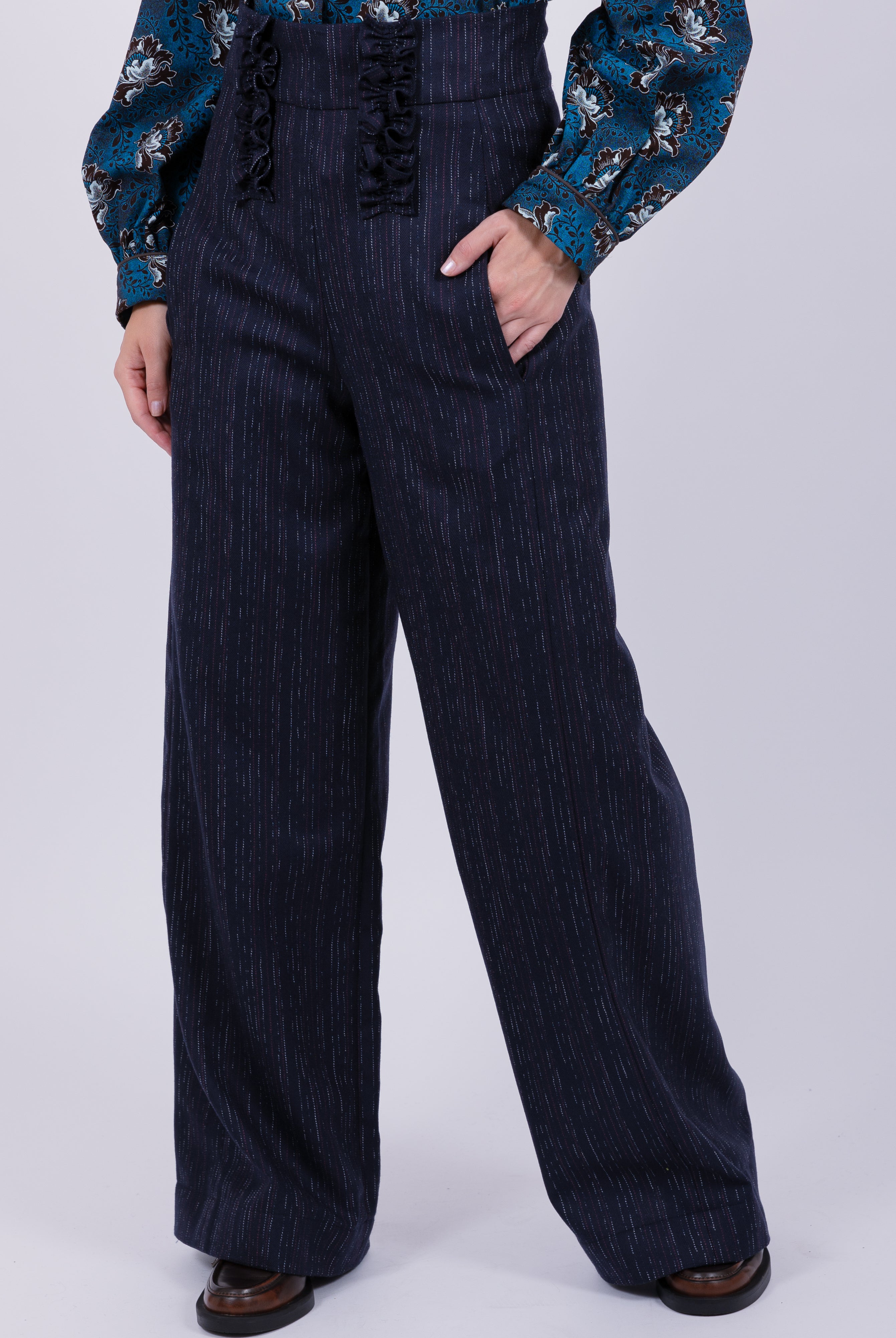 Wool high waisted ruffle trouser Navy White Red Stripes