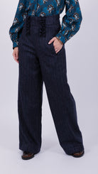 Wool high waisted ruffle trouser Navy White Red Stripes