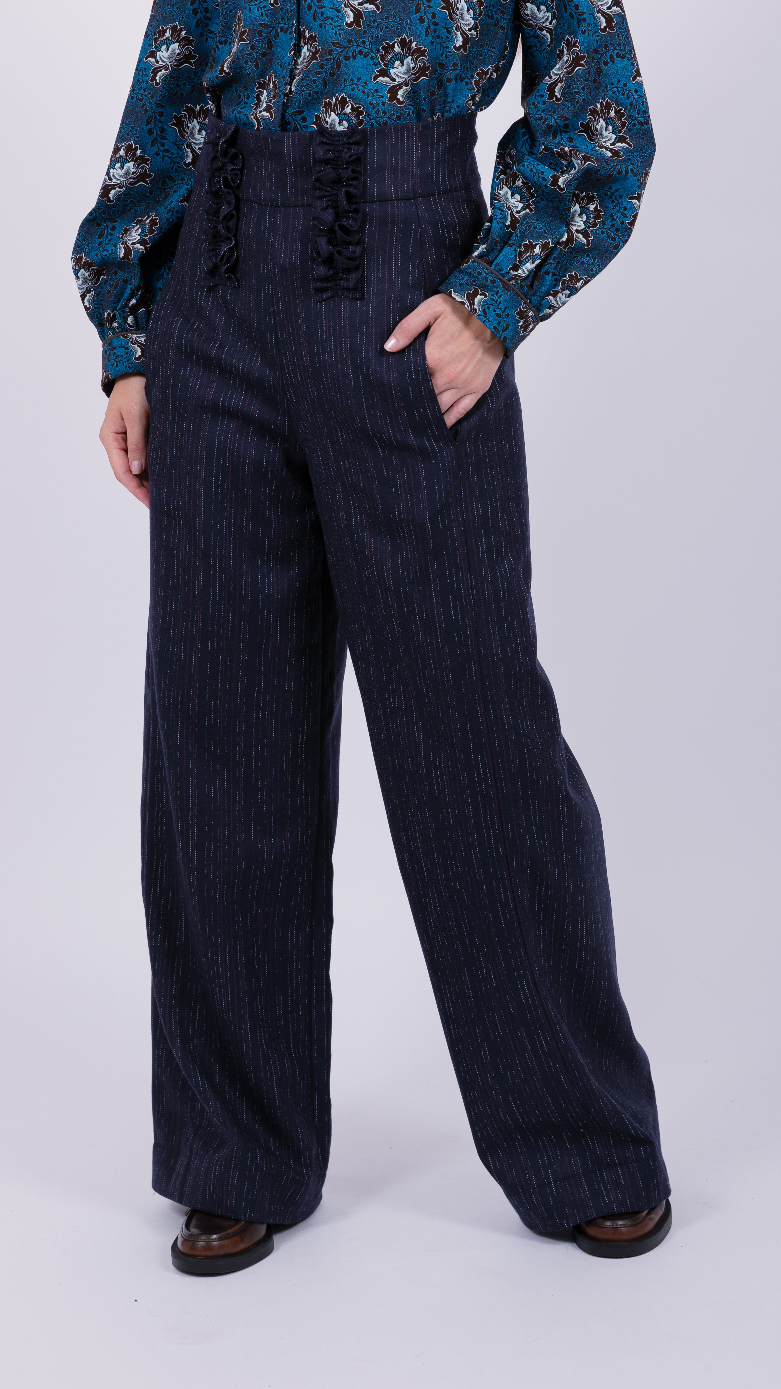 Wool high waisted ruffle trouser Navy White Red Stripes