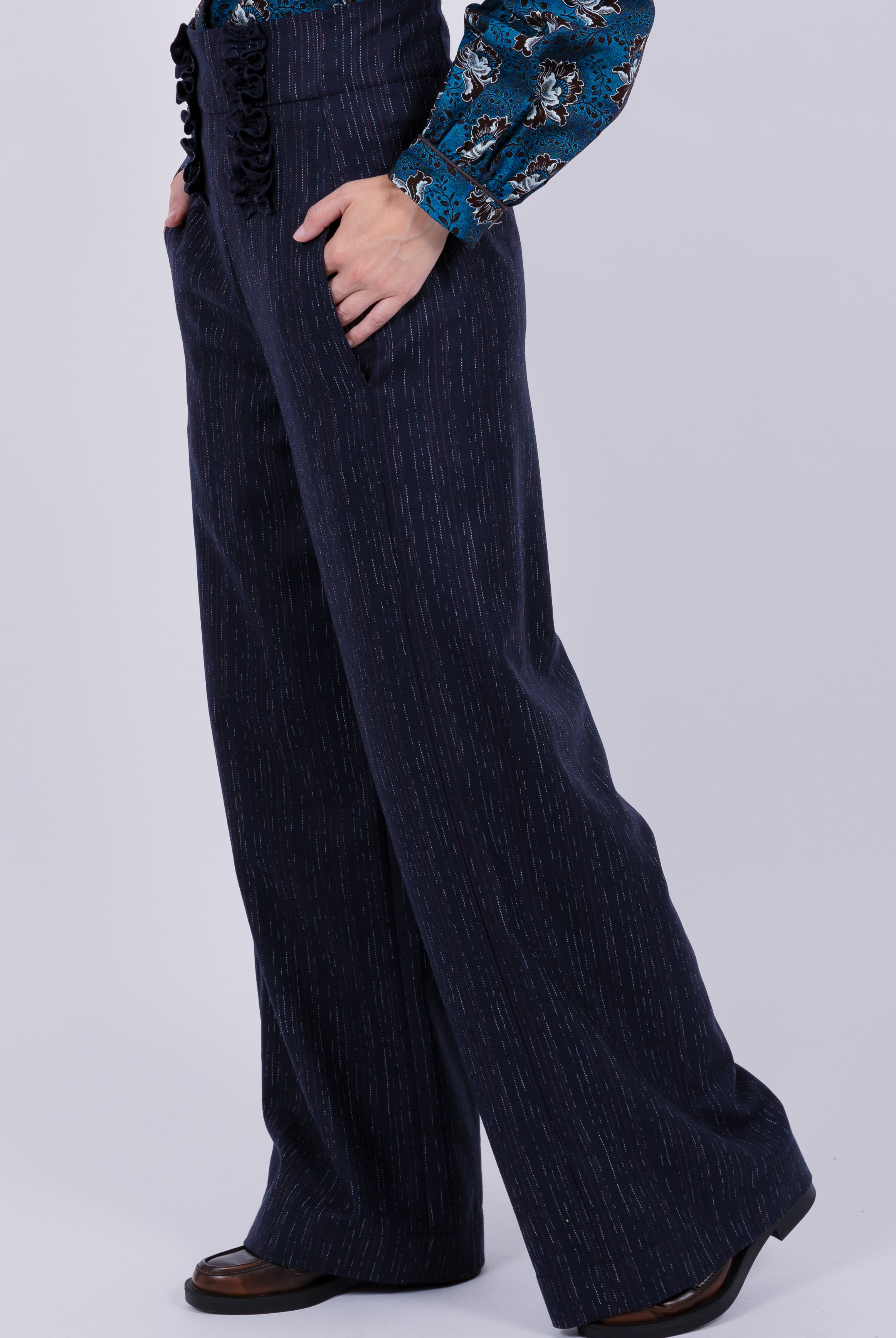 Wool high waisted ruffle trouser Navy White Red Stripes