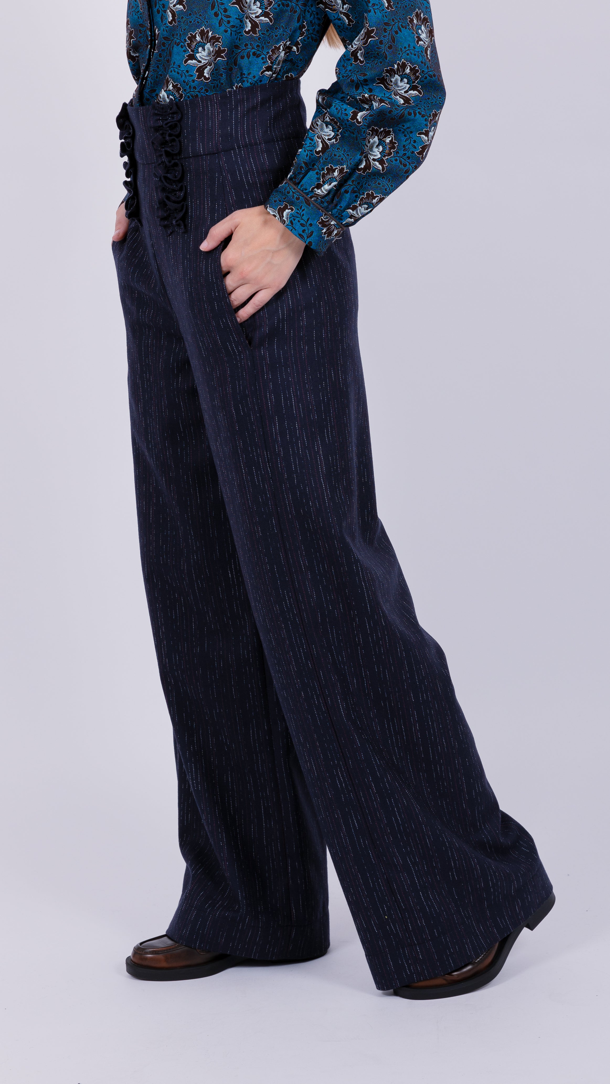Wool high waisted ruffle trouser Navy White Red Stripes