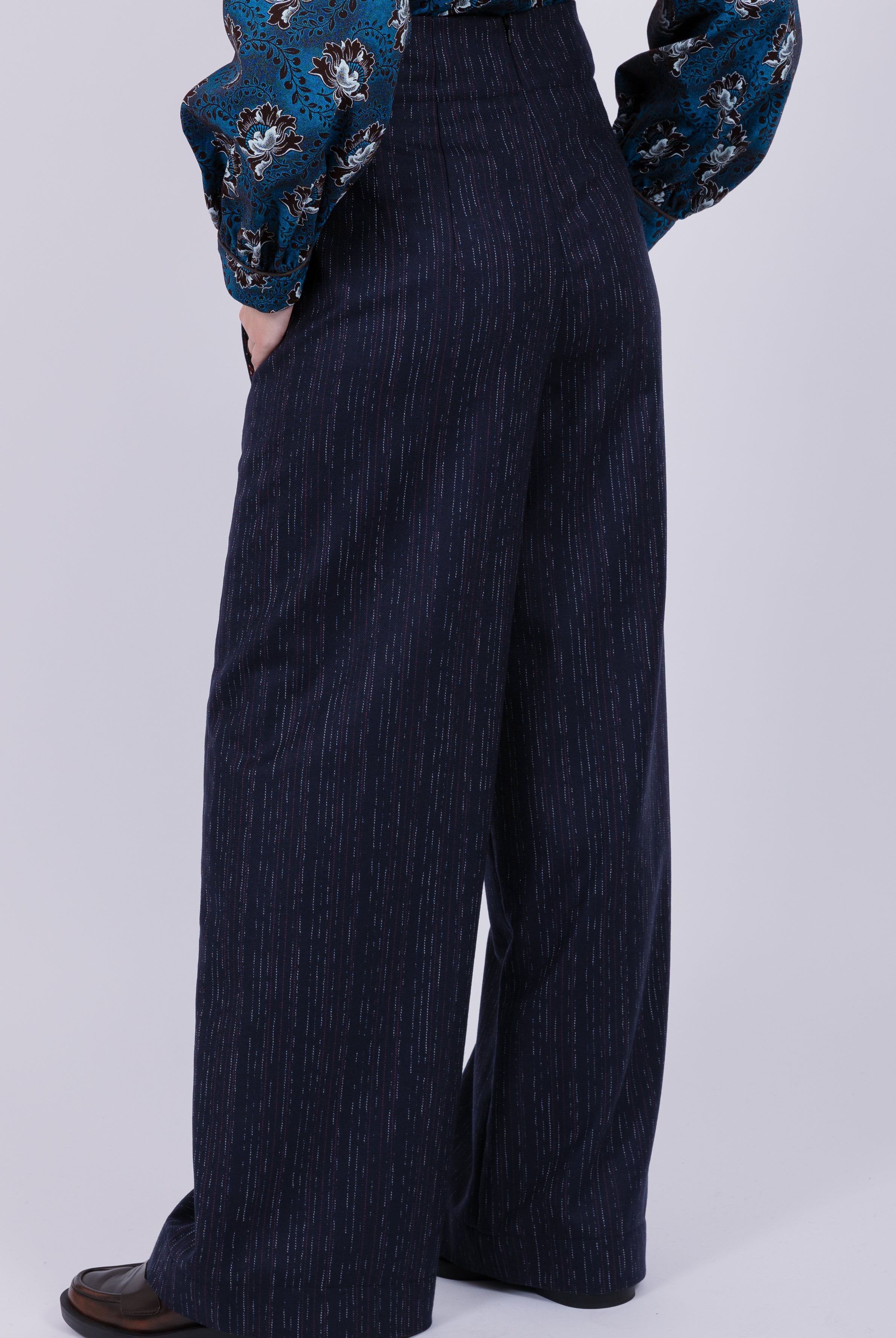 Wool high waisted ruffle trouser Navy White Red Stripes