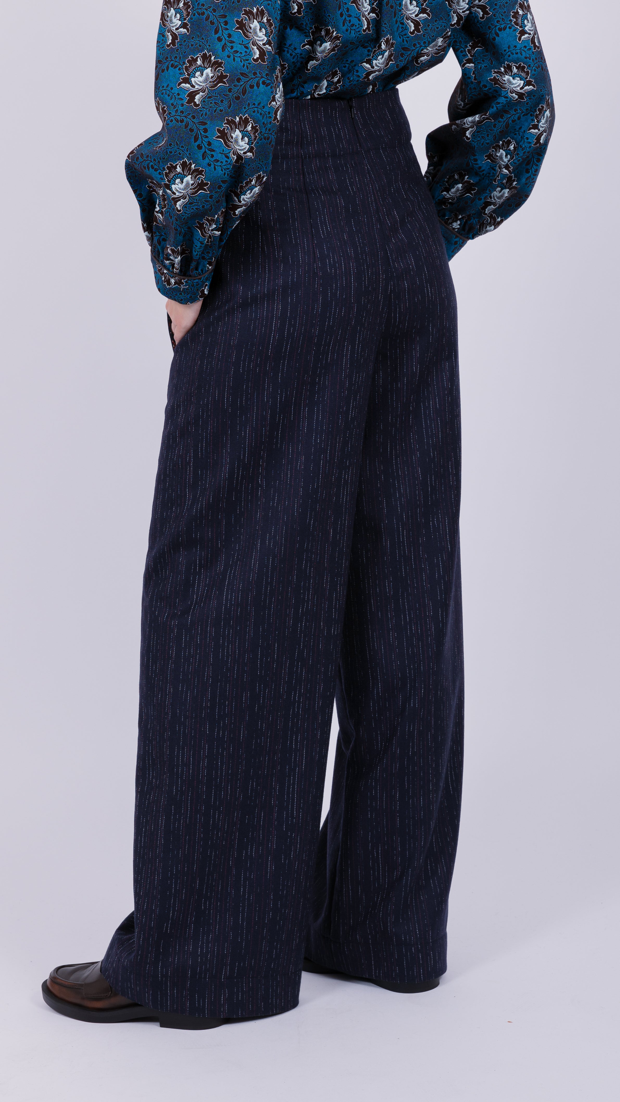Wool high waisted ruffle trouser Navy White Red Stripes
