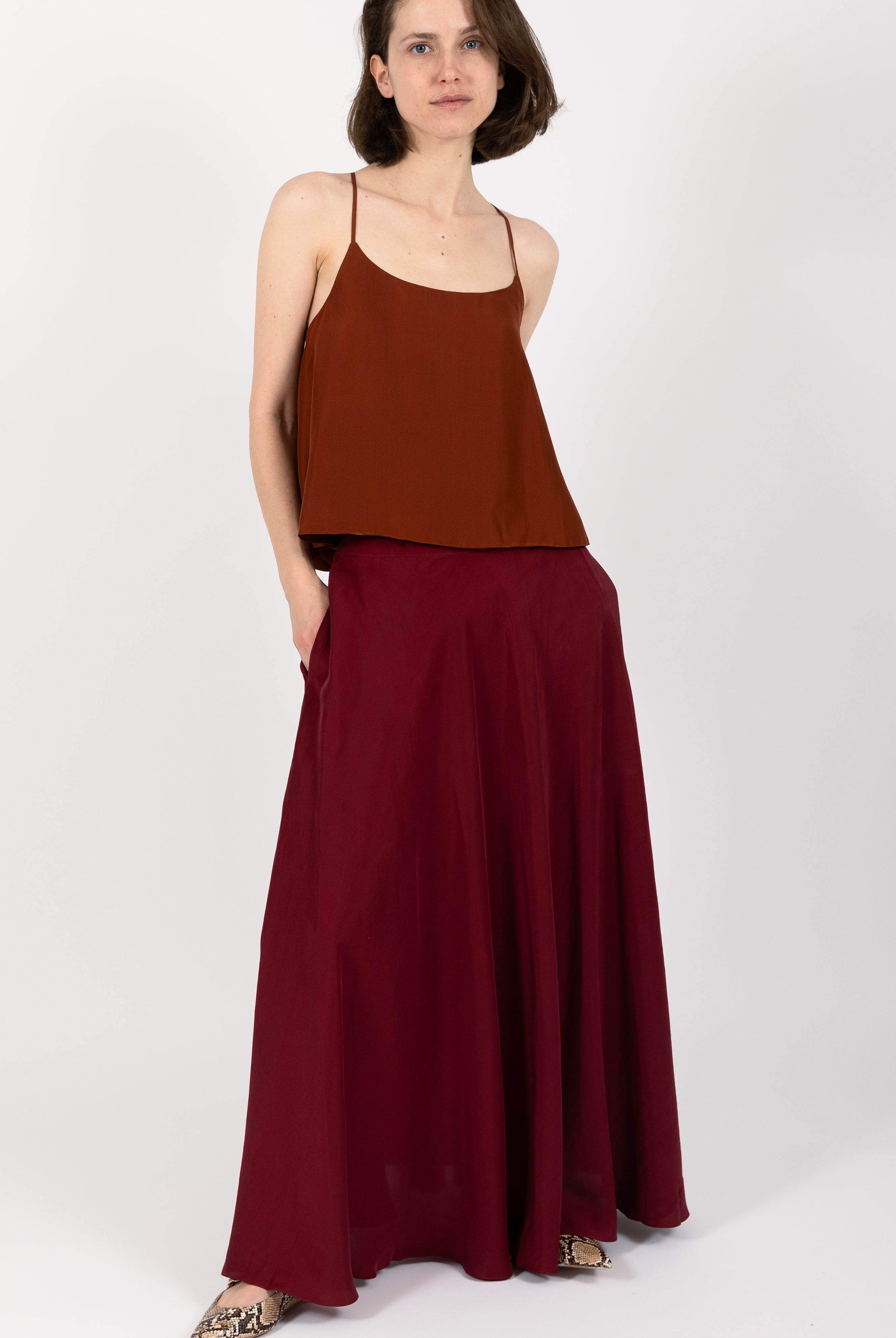 Bias Cut Silk Maxi Skirt Burgundy