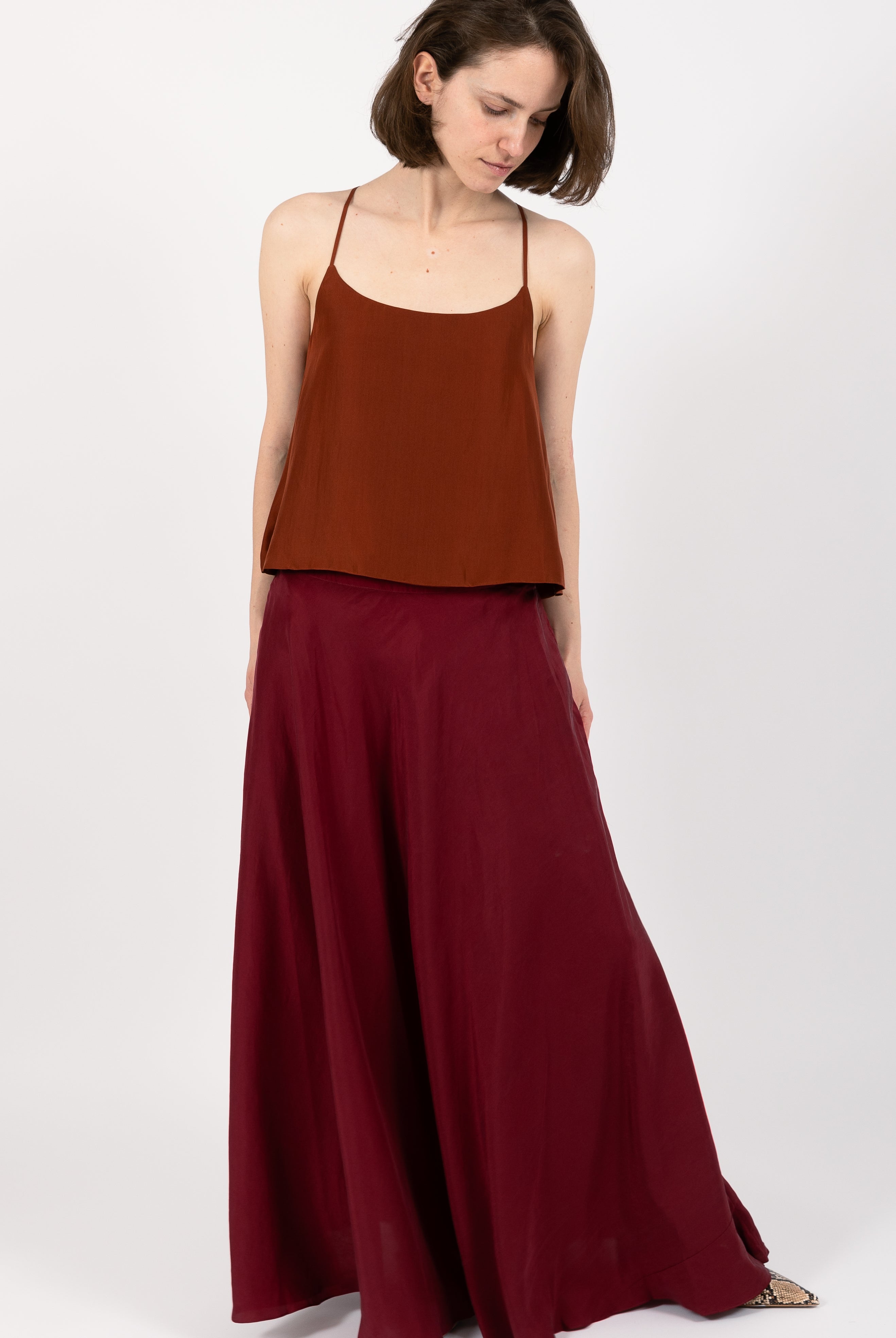 Bias Cut Silk Maxi Skirt Burgundy