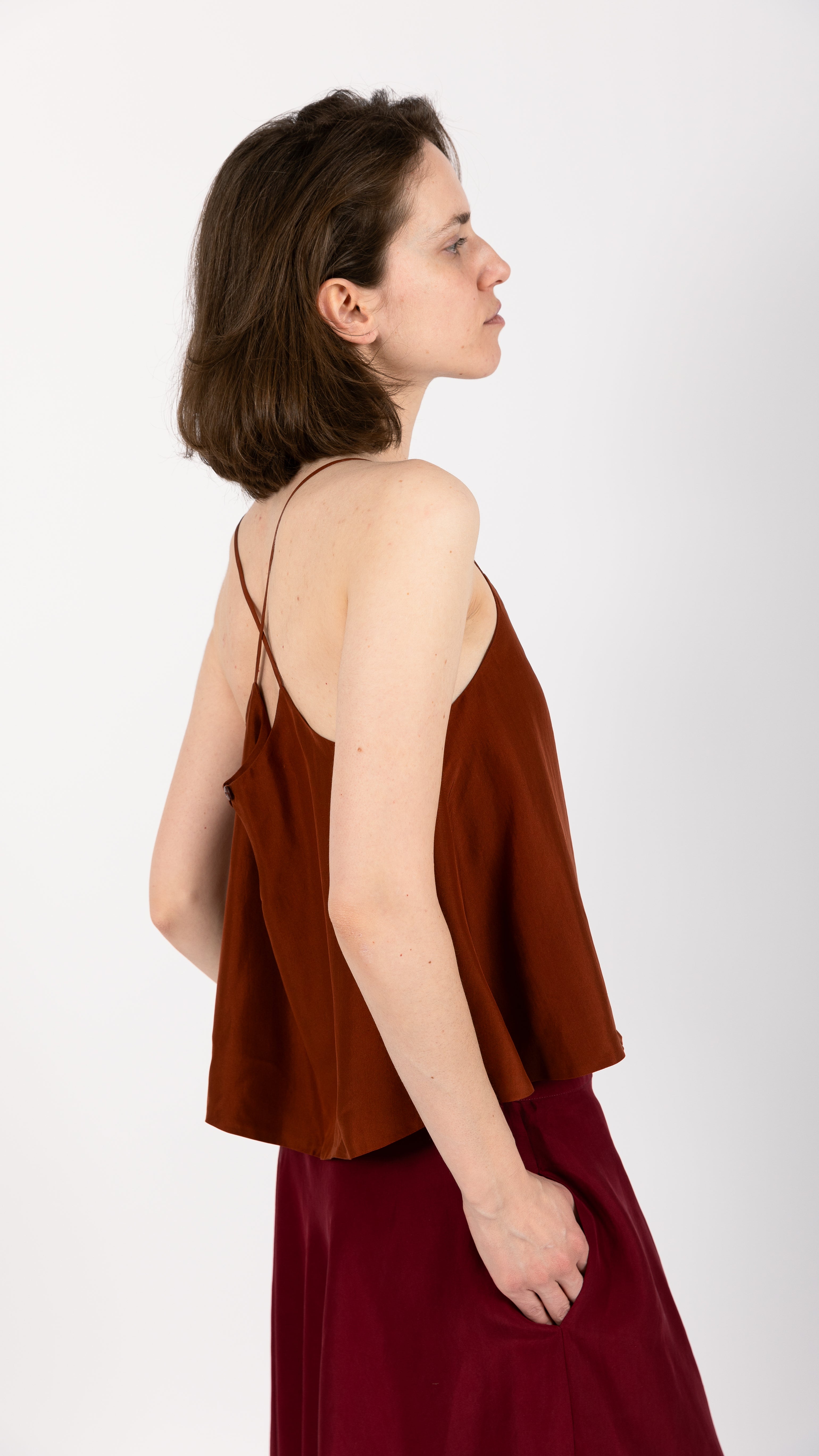 Rust Brown Silk Camisole Top scoop neck