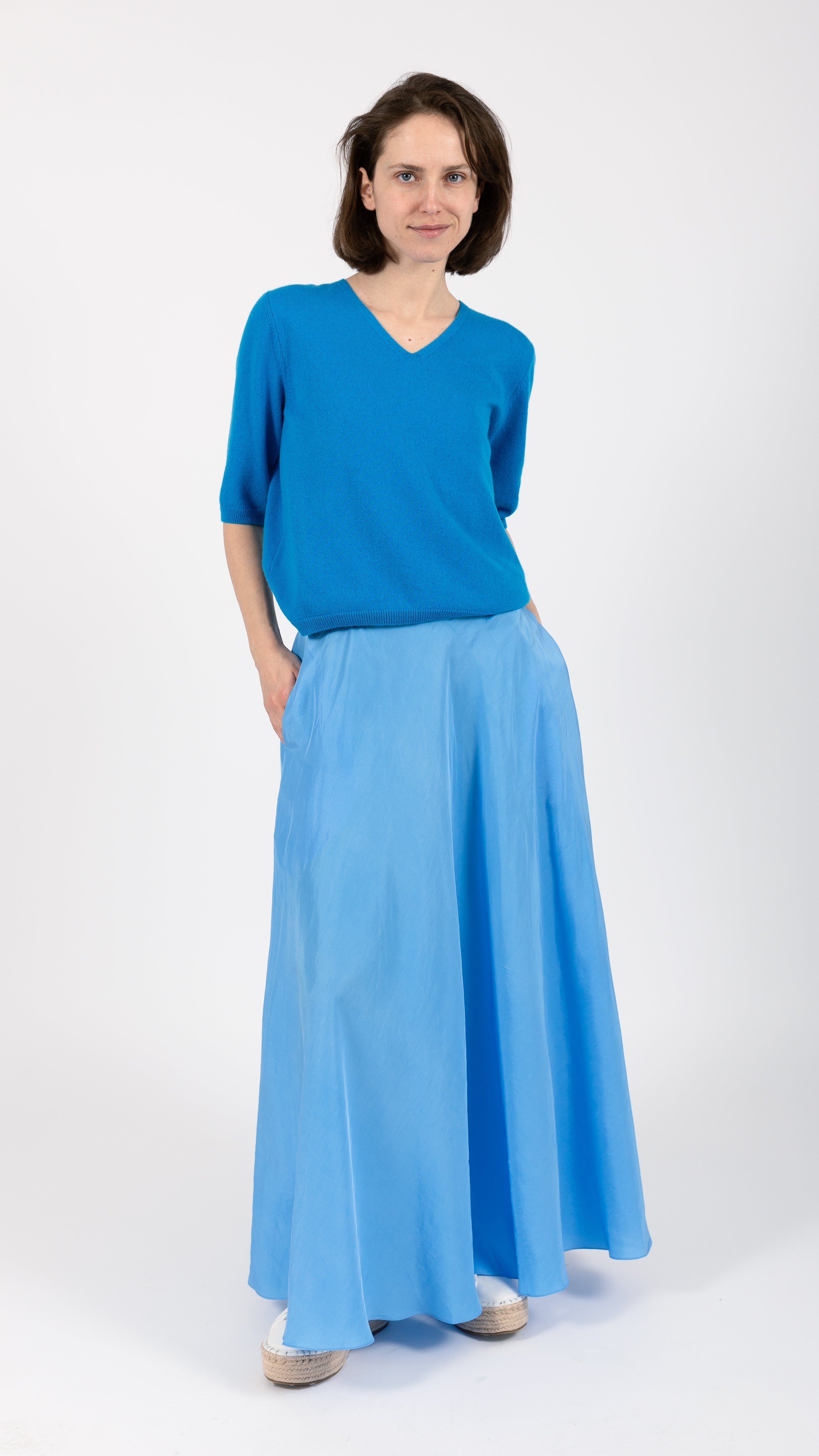 Relaxed Fit Cashmere Blend v-neck Top Peacock Blue