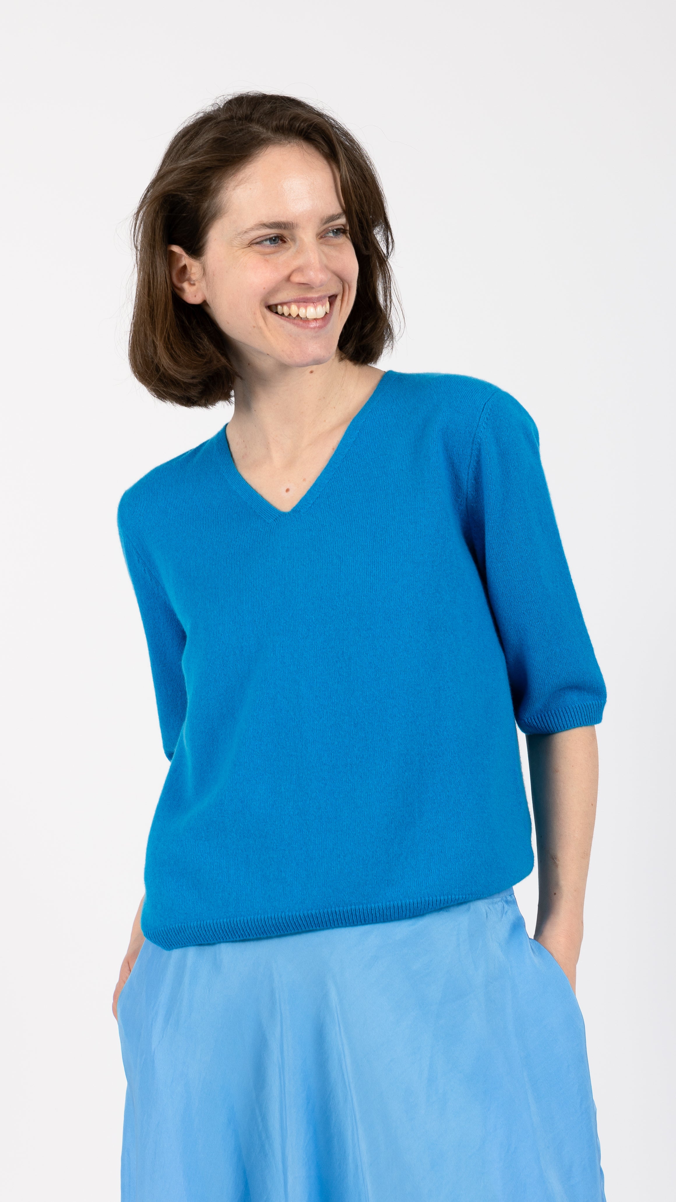 Relaxed Fit Cashmere Blend v-neck Top Peacock Blue