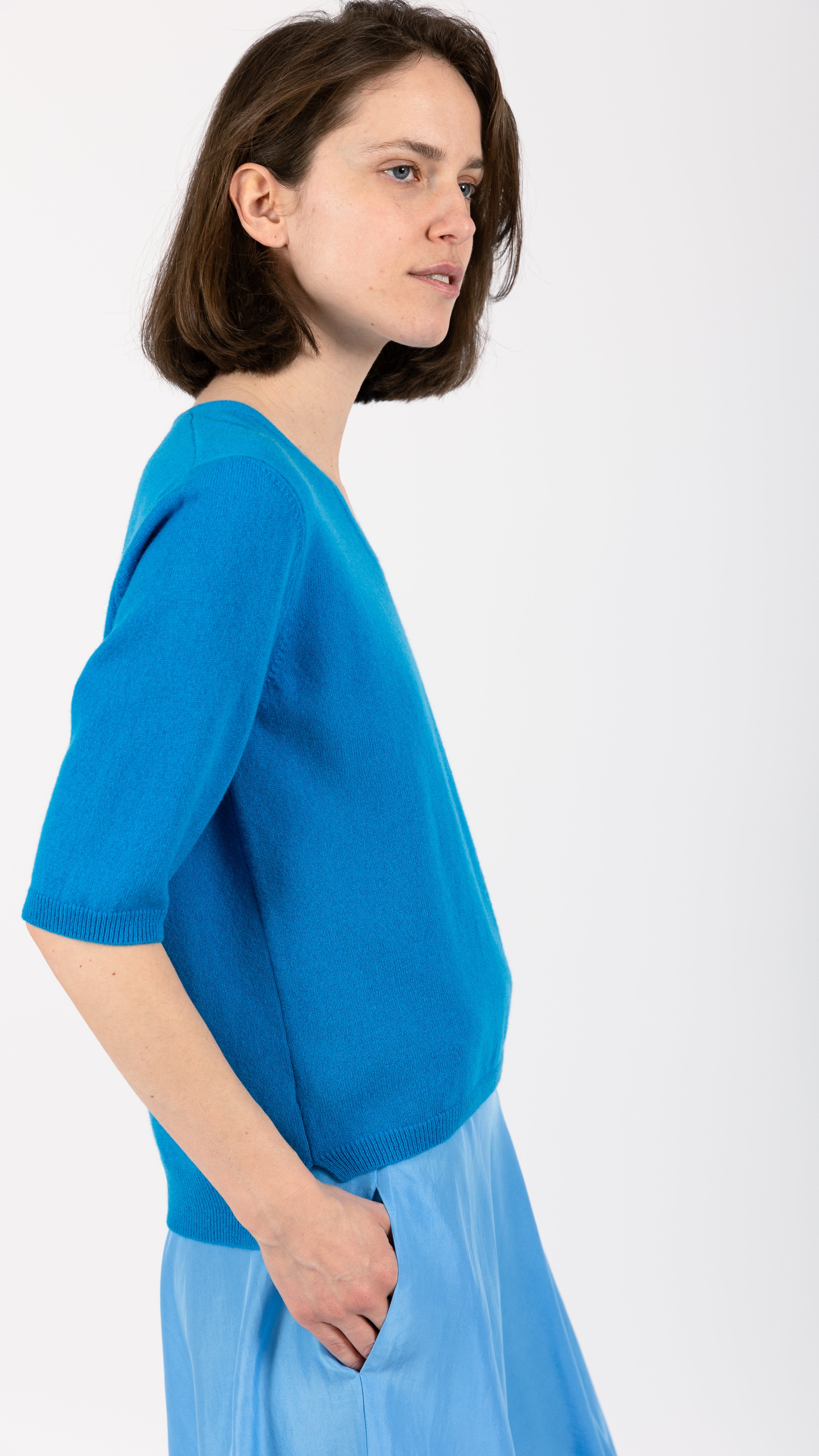 Relaxed Fit Cashmere Blend v-neck Top Peacock Blue