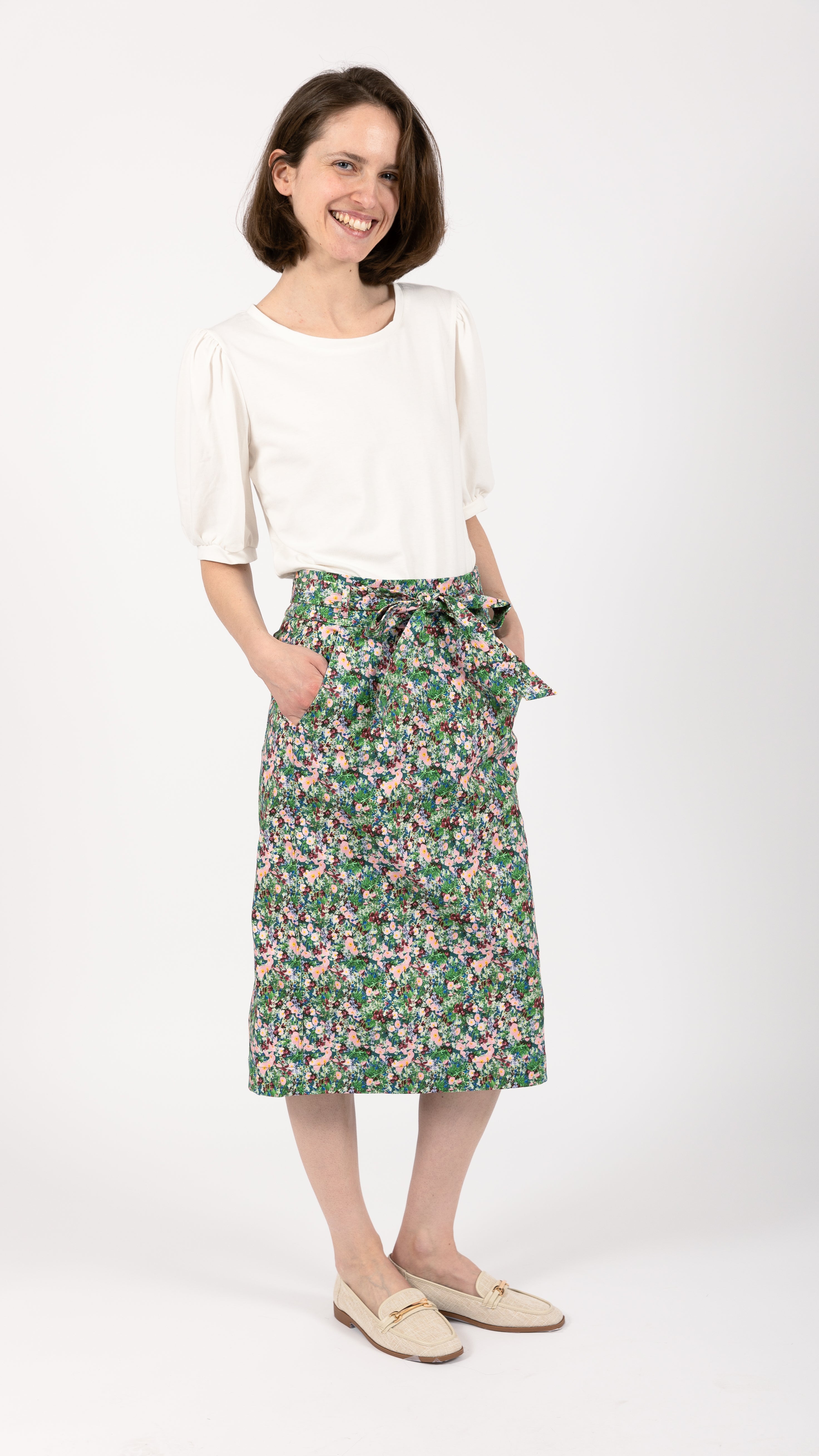 Garden Print multi coloured Stretch cotton midi Skirt ruffles