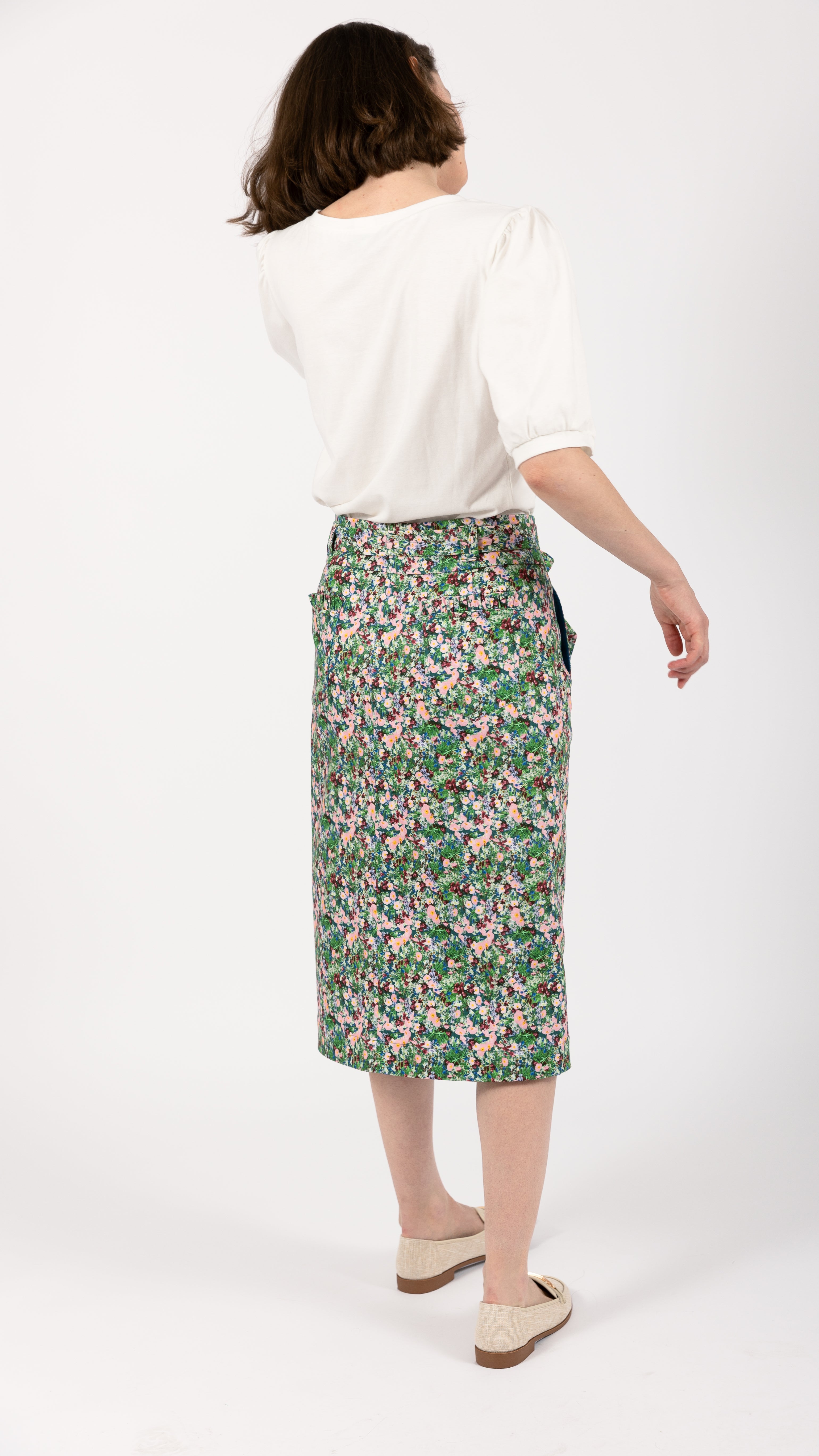 Garden Print multi coloured Stretch cotton midi Skirt ruffles