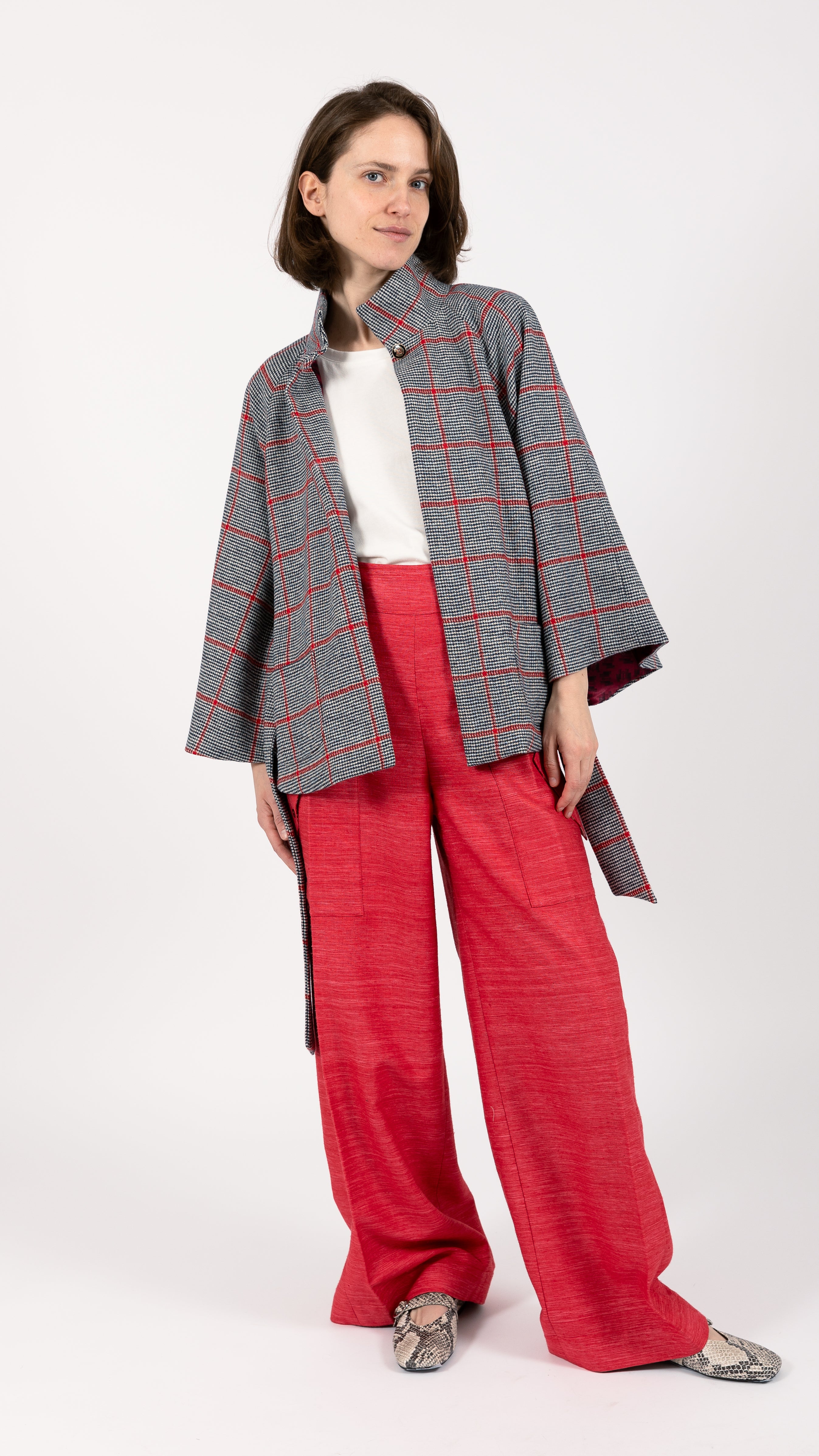 black white red Prince of Wales Wool check Cape Coat