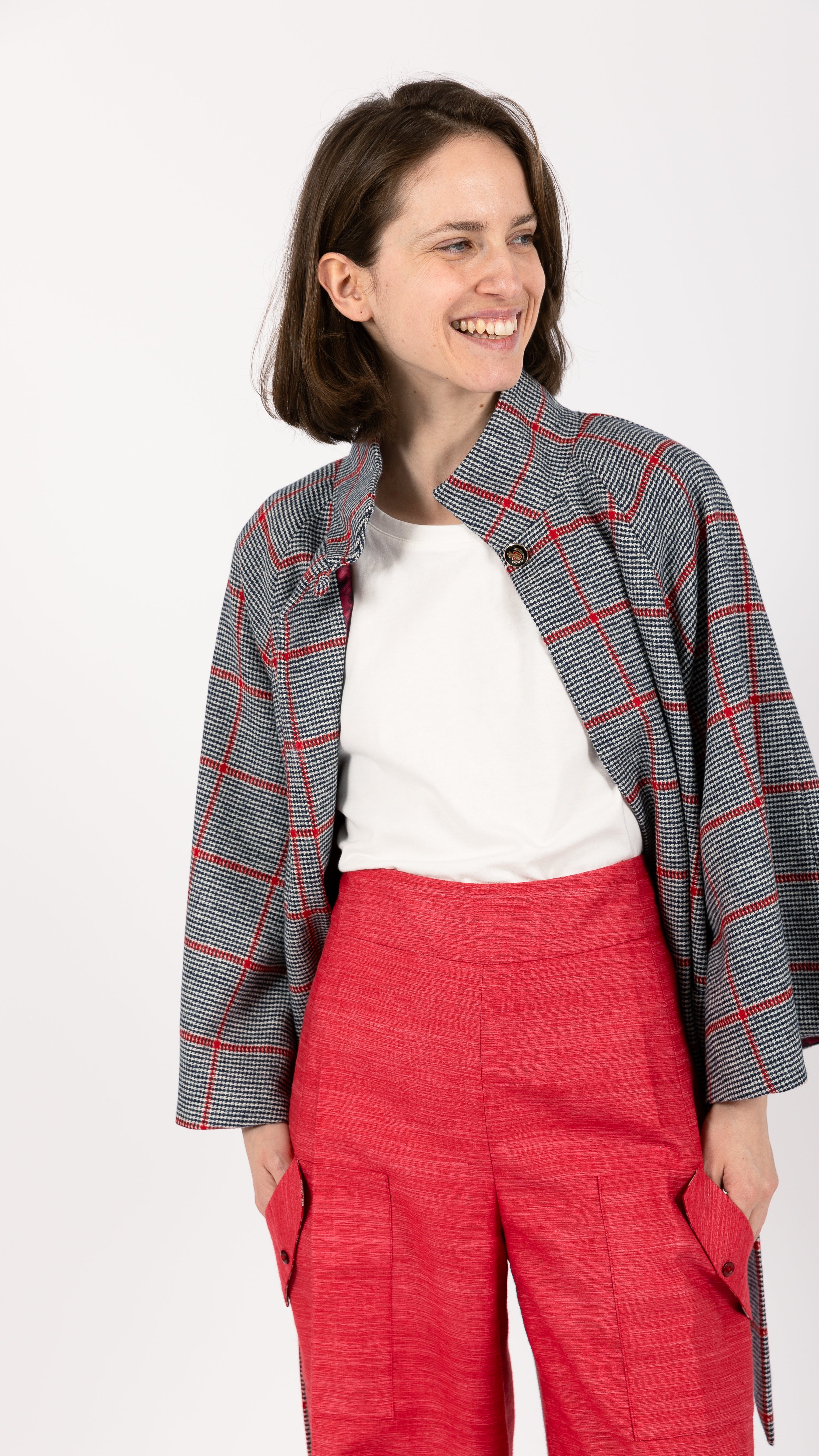 black white red Prince of Wales Wool check Cape Coat