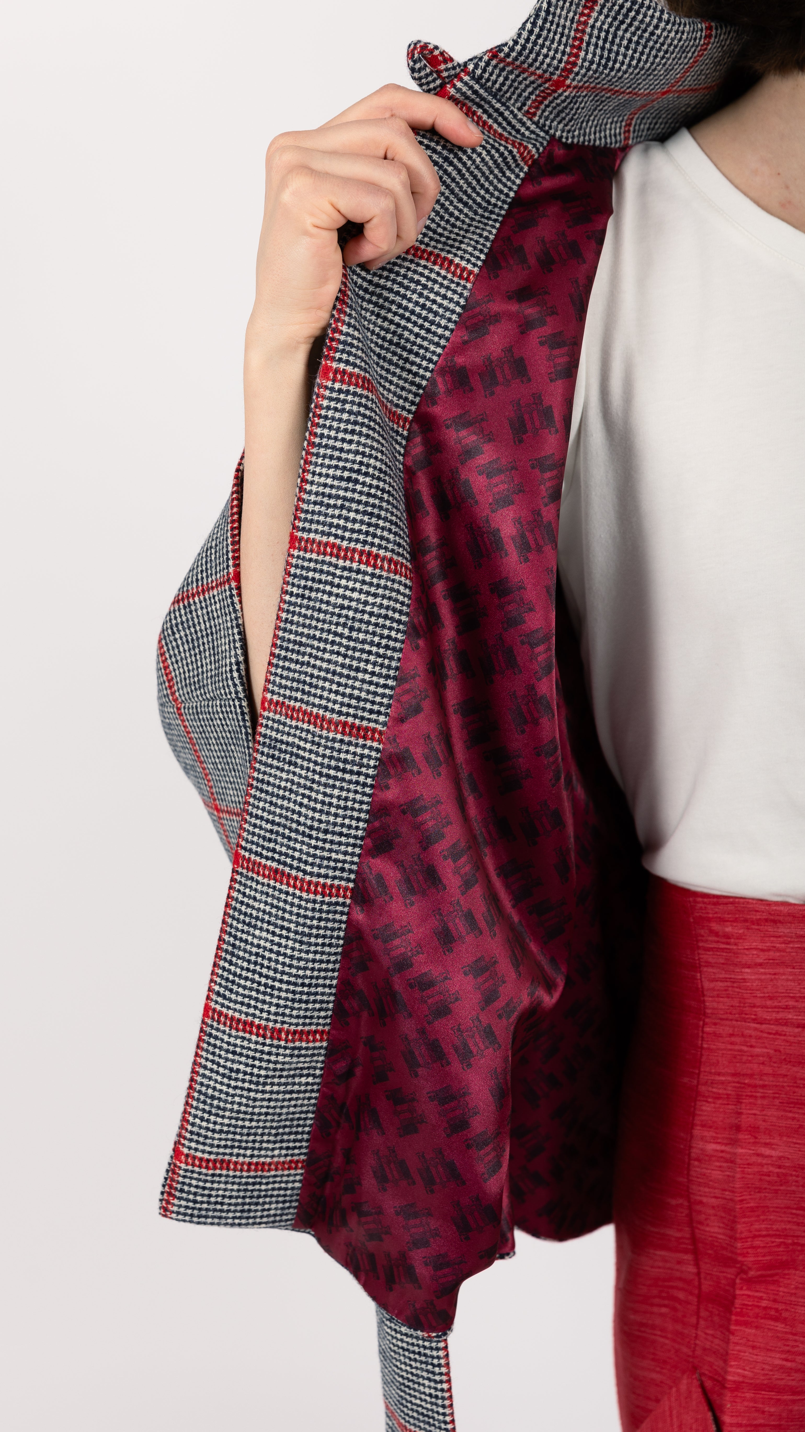 black white red Prince of Wales Wool check Cape Coat