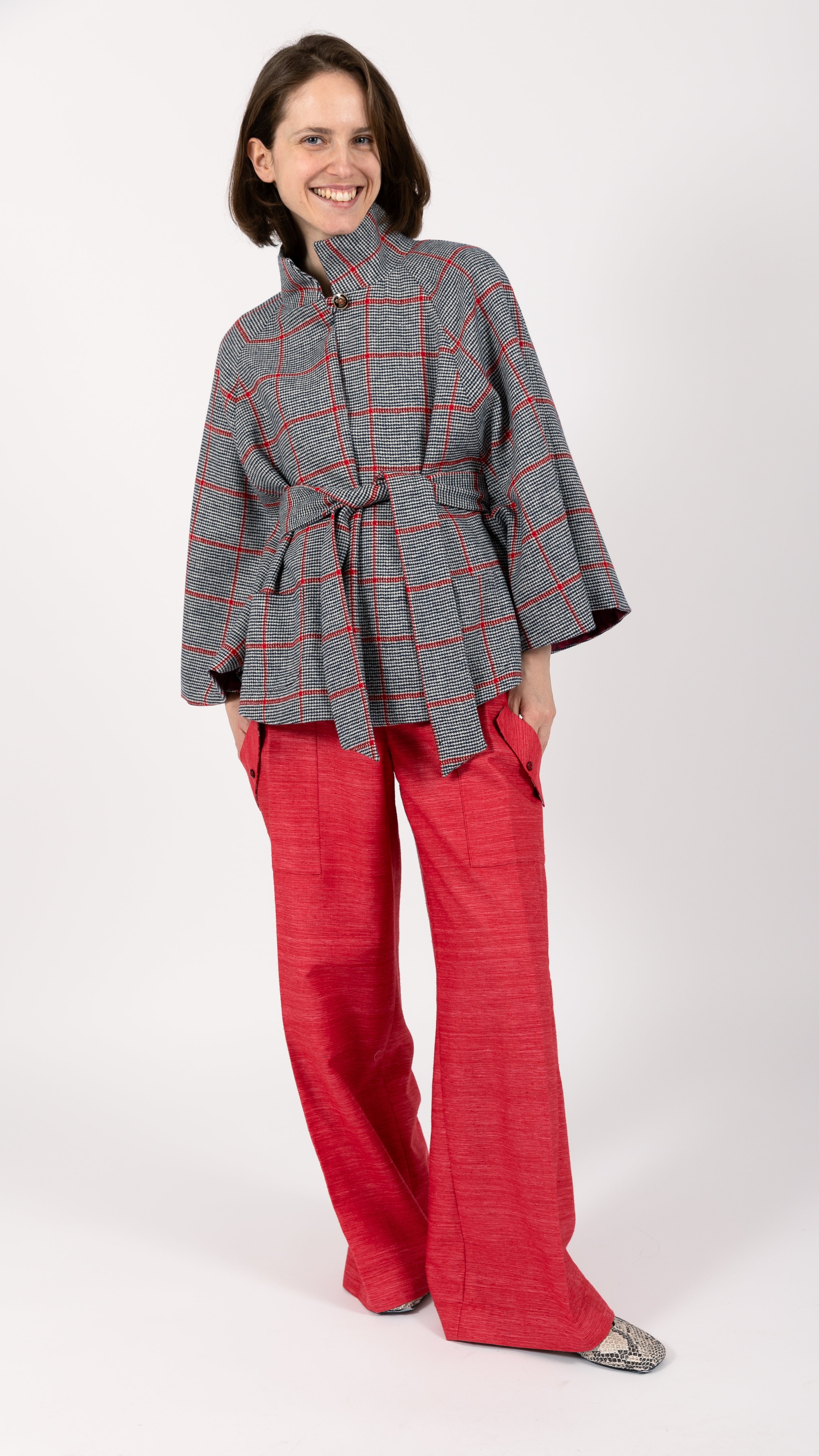 black white red Prince of Wales Wool check Cape Coat