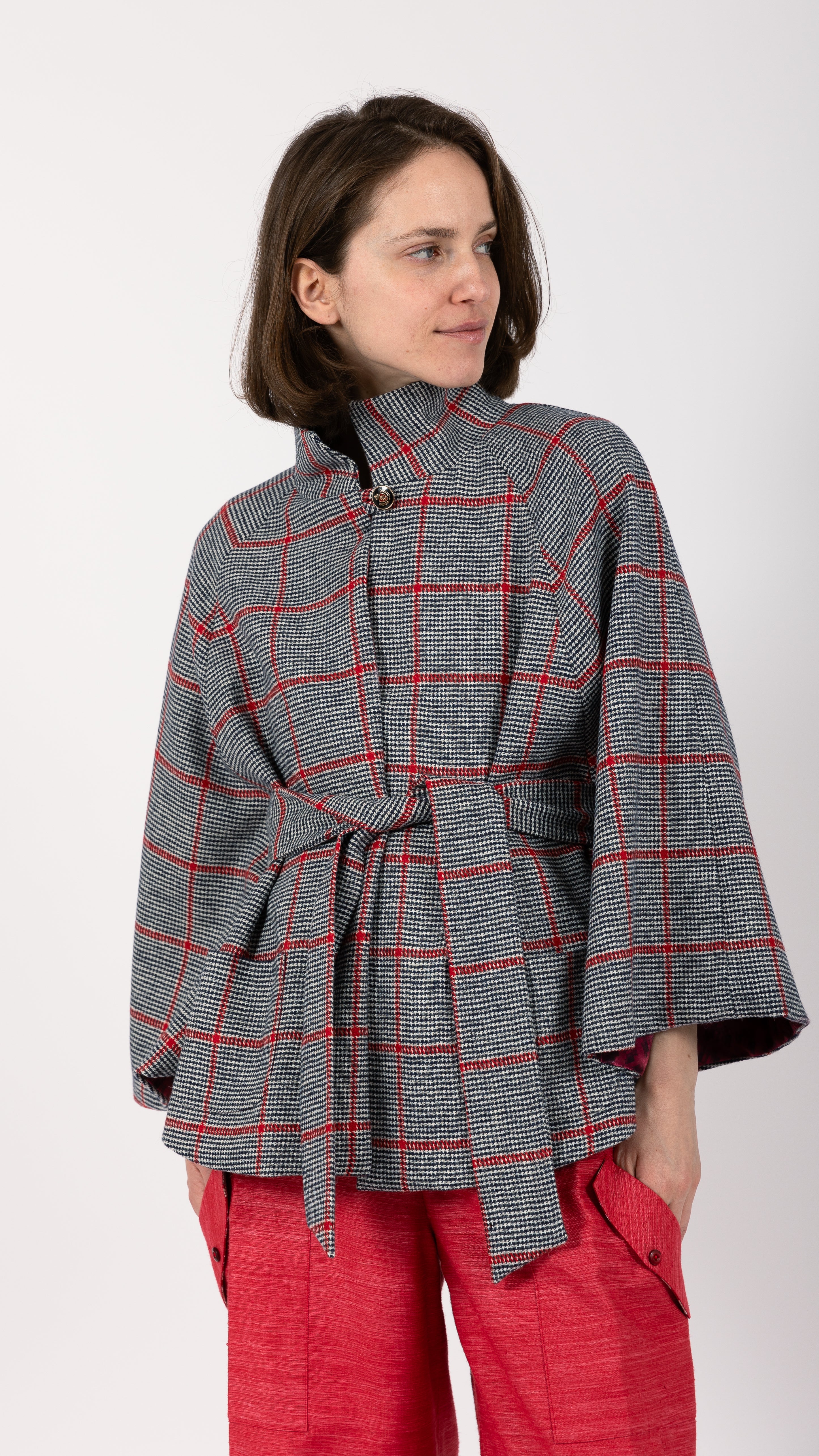 black white red Prince of Wales Wool check Cape Coat