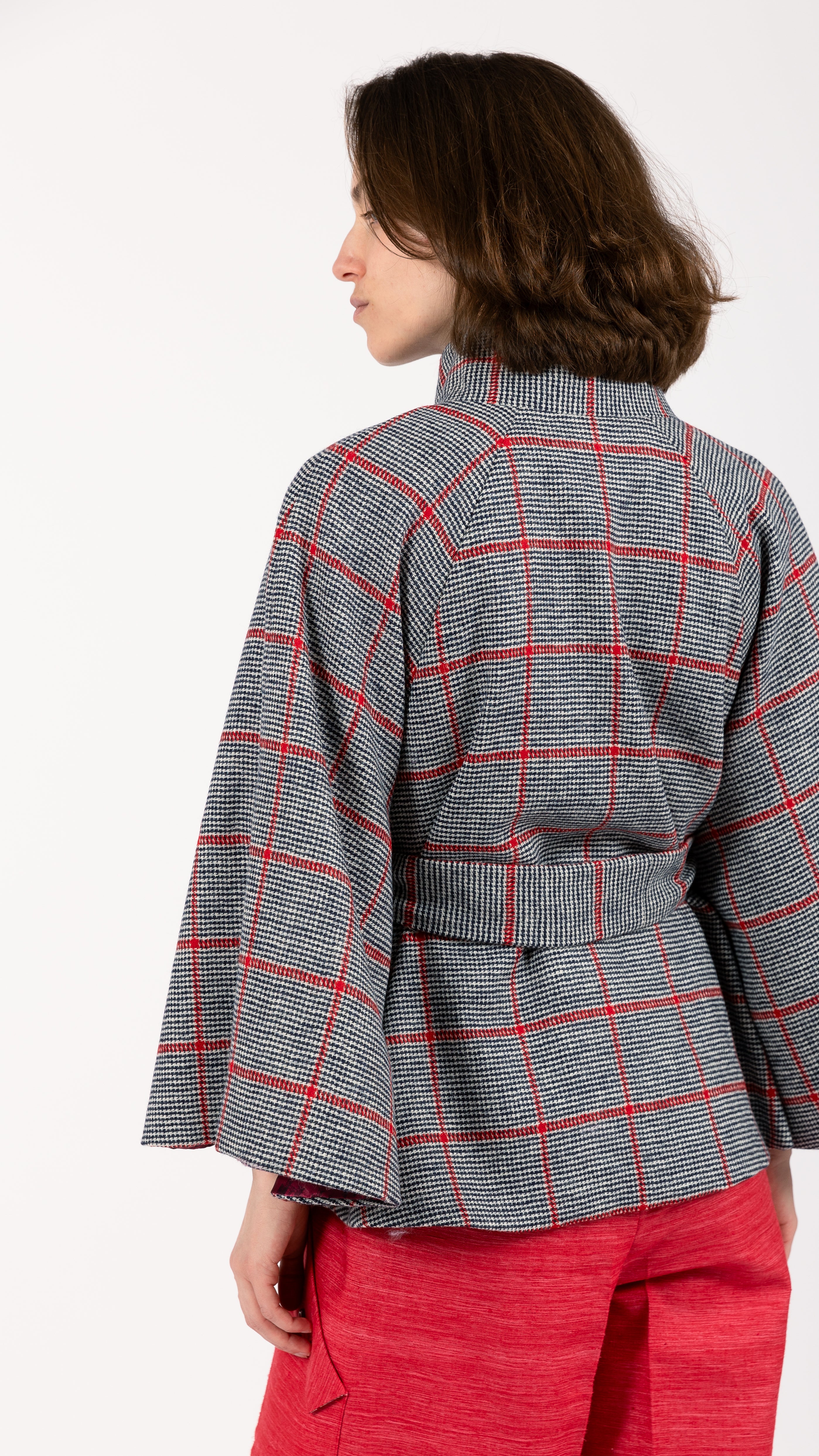 black white red Prince of Wales Wool check Cape Coat