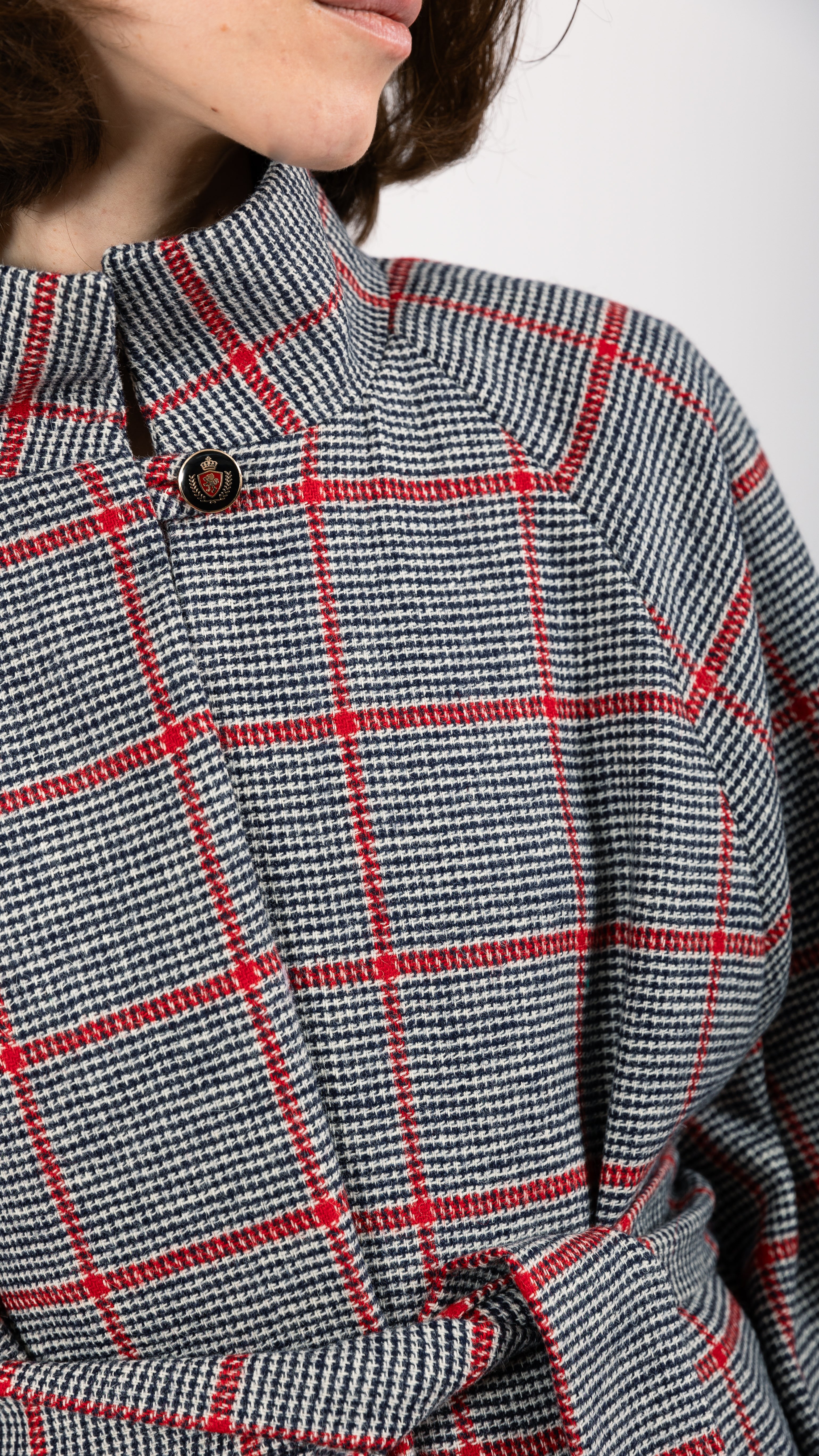 black white red Prince of Wales Wool check Cape Coat