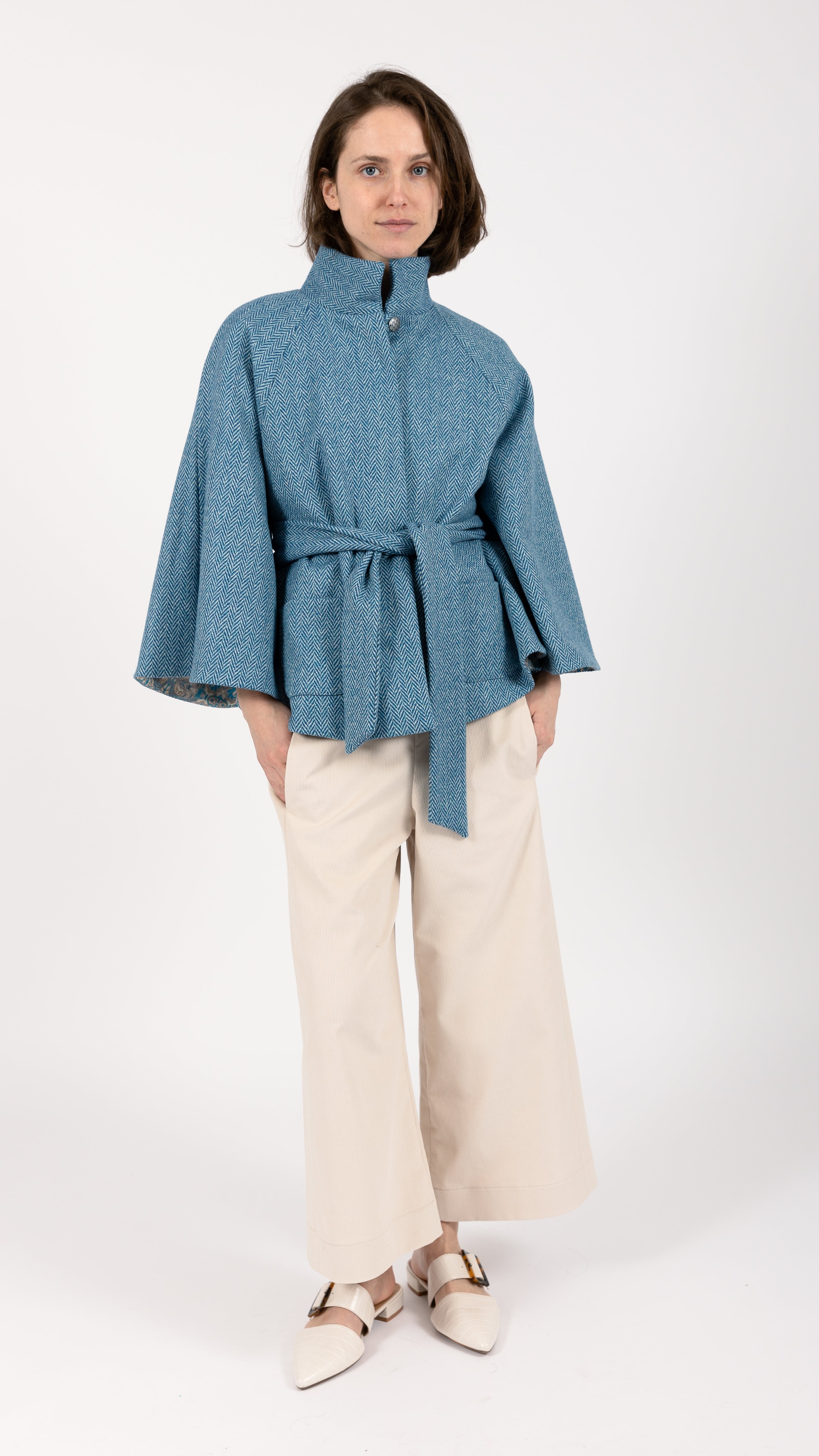 Herringbone Wool Cape blue Coat