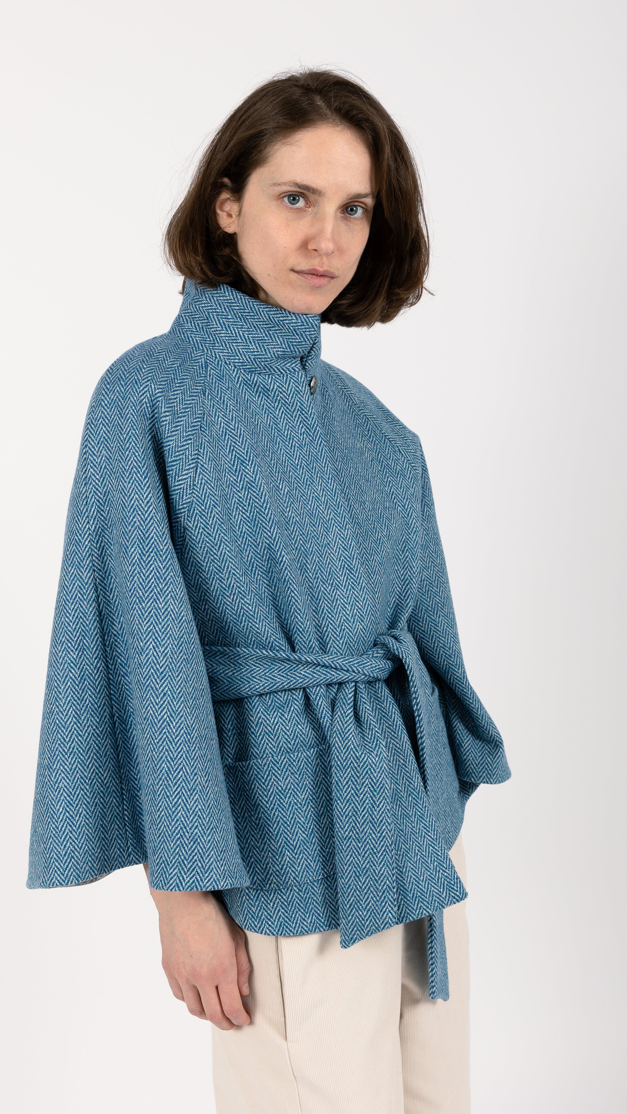 Herringbone Wool Cape blue Coat
