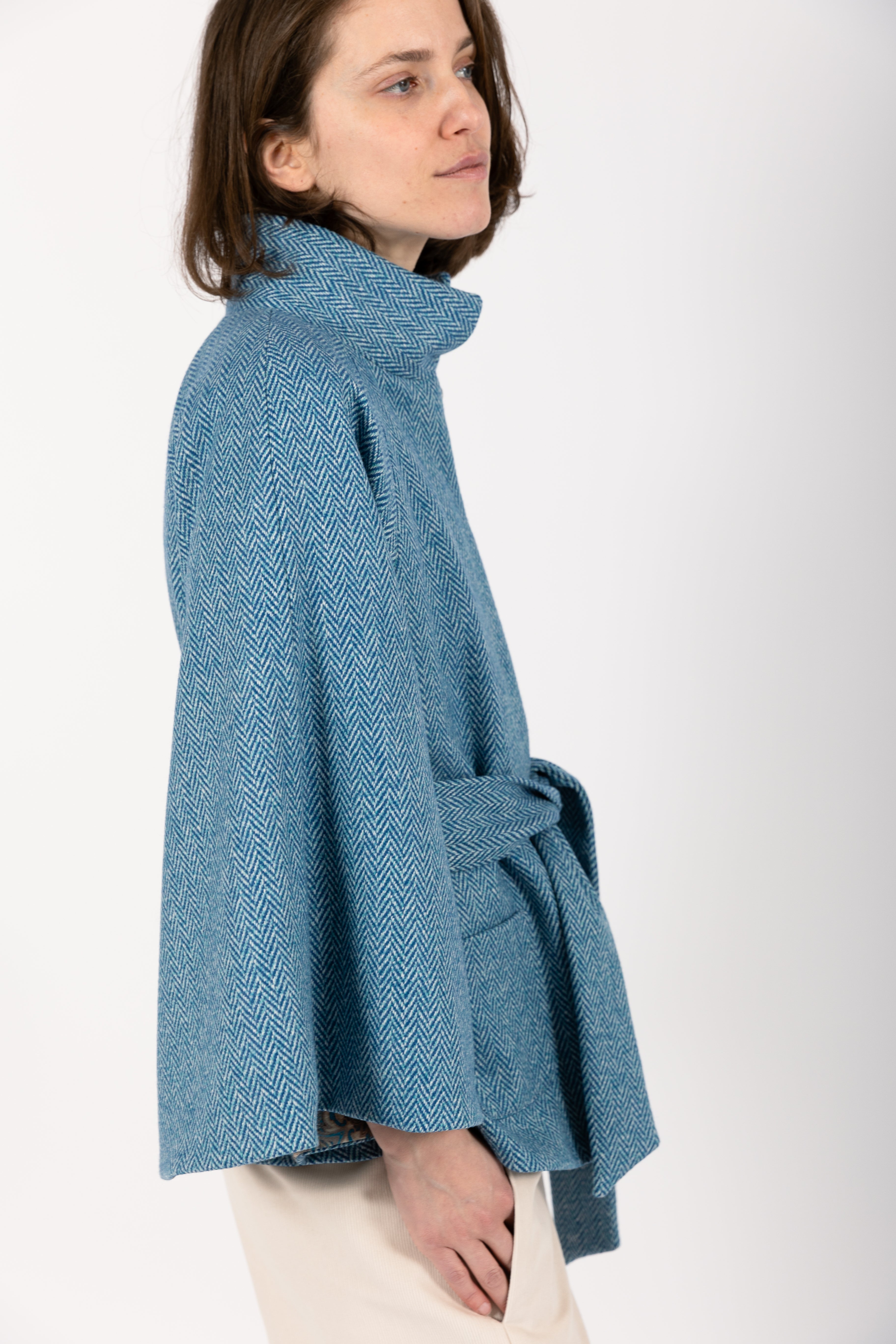 Herringbone Wool Cape blue Coat